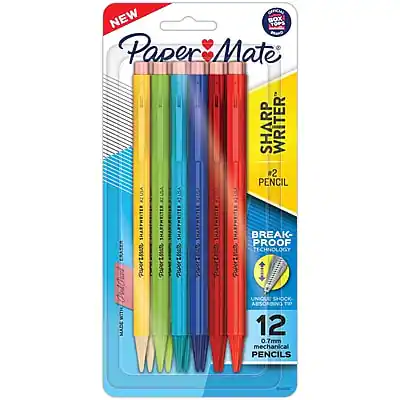 NEW
Paper Mate
SHARP WRITER #2 PENCIL
BREAK-PROOF ERASER TECHNOLOGY
12 0.7mm mechanical PENCILS
UNIQUE SHOCK ABSORBING TOP