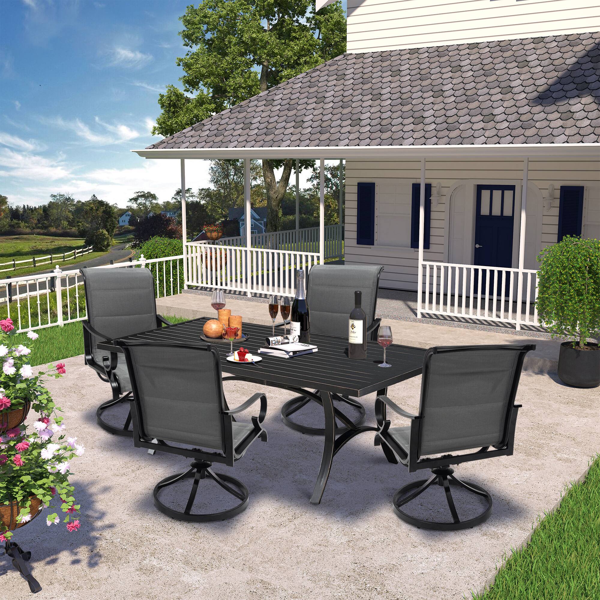 Left. Mondawe - 5-Piece Outdoor Dining Set with 360° Swivel Chairs - Black+Grey.