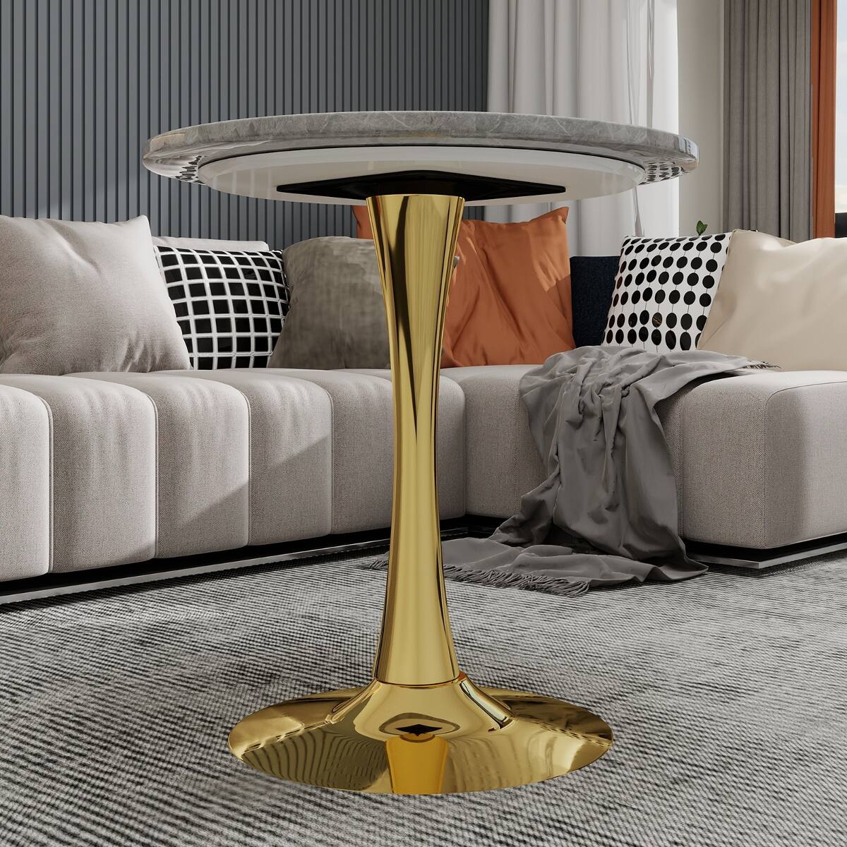 Alt View 7. Loheer - Loheer Round Gold Coffee Table with Marble Effect Tabletop, 27.6-Inch Mid-Century Modern Living Room Table - Gold and light gray.