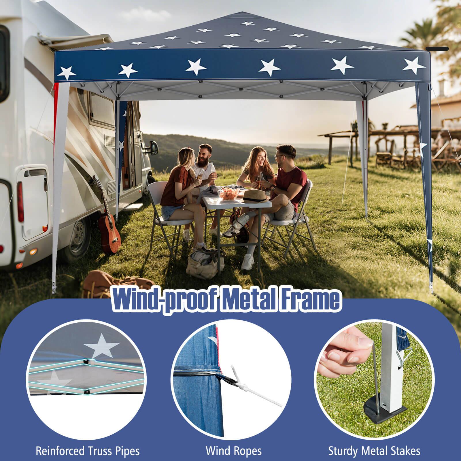 Wind-proof Metal Frame  
Reinforced Truss Pipes  
Wind Ropes  
Sturdy Metal Stakes