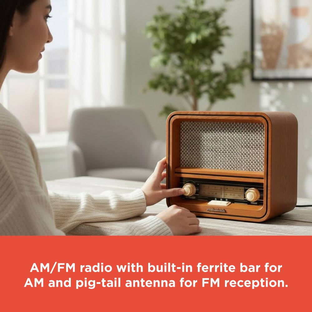 AM/FM radio with built-in ferrite bar for AM and pig-tail antenna for FM reception.