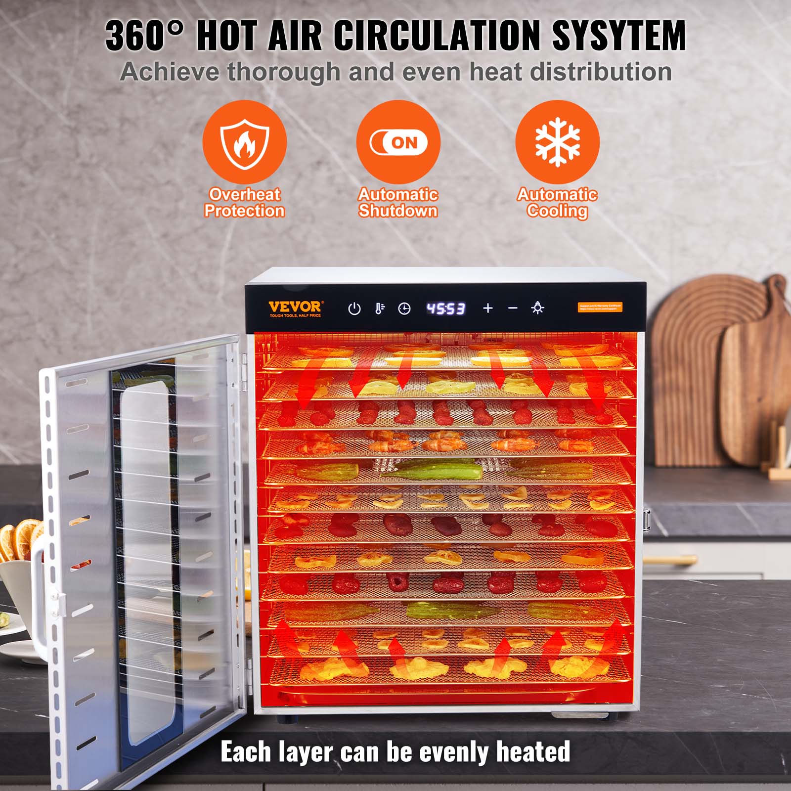 360° HOT AIR CIRCULATION SYSTEM  
Achieve thorough and even heat distribution

- Overheat Protection
- Automatic Shutdown
- Automatic Cooling

Each layer can be evenly heated