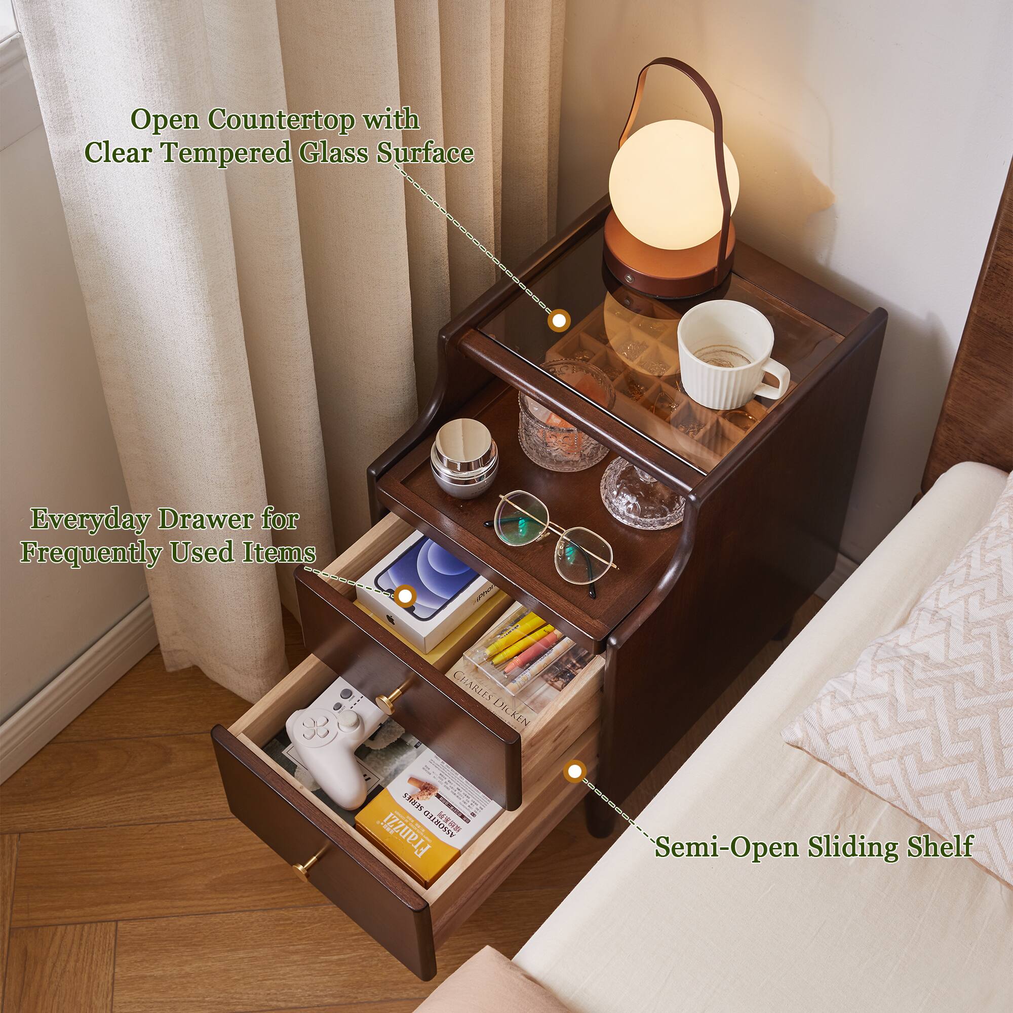 Open Countertop with Clear Tempered Glass Surface  
Everyday Drawer for Frequently Used Items  
Semi-Open Sliding Shelf