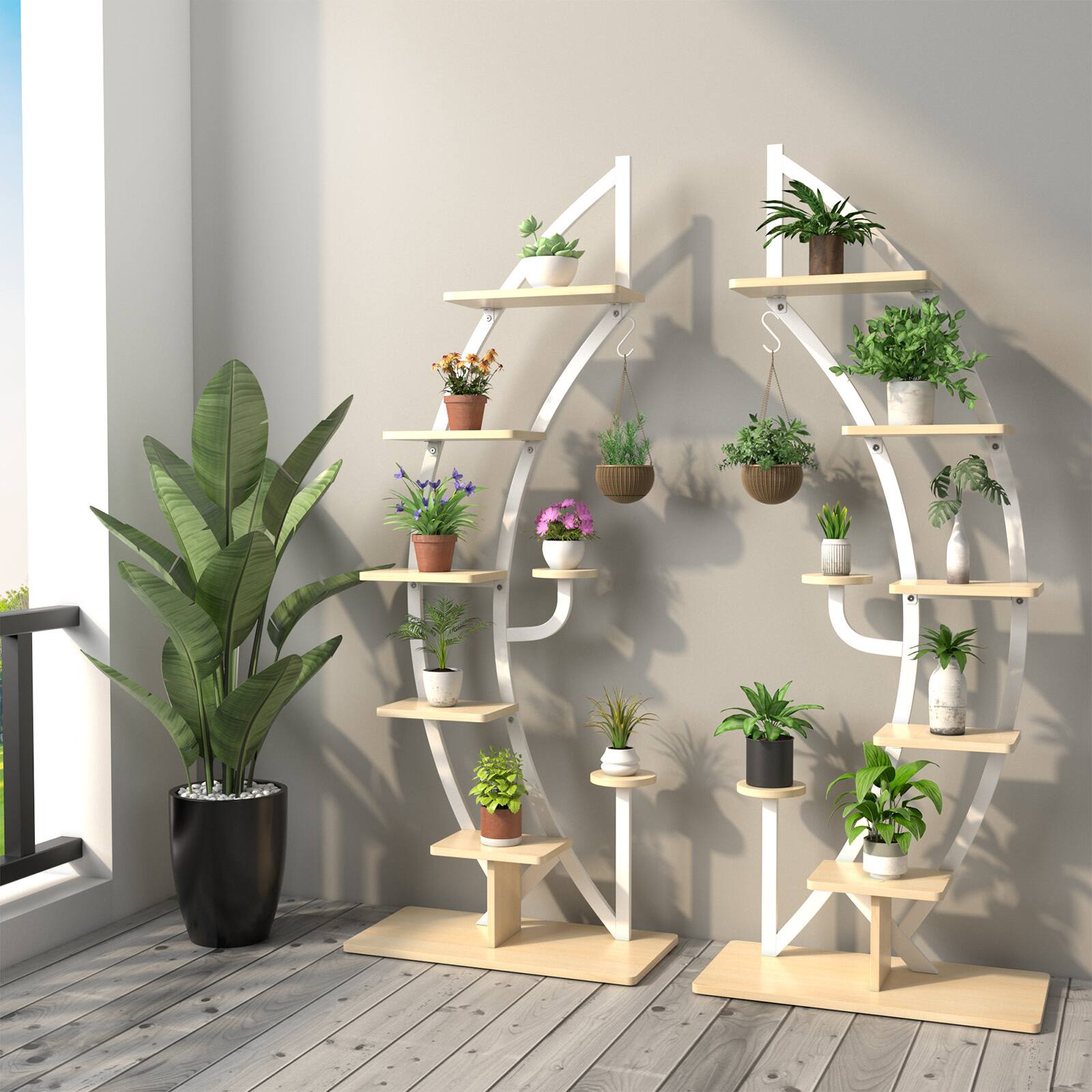 Alt View 2. Gymax - Gymax 2PCS 6 Tier Curved Stand 9 Potted Metal Plant Stand Holder Display Shelf w/ Hook - Natural+White.