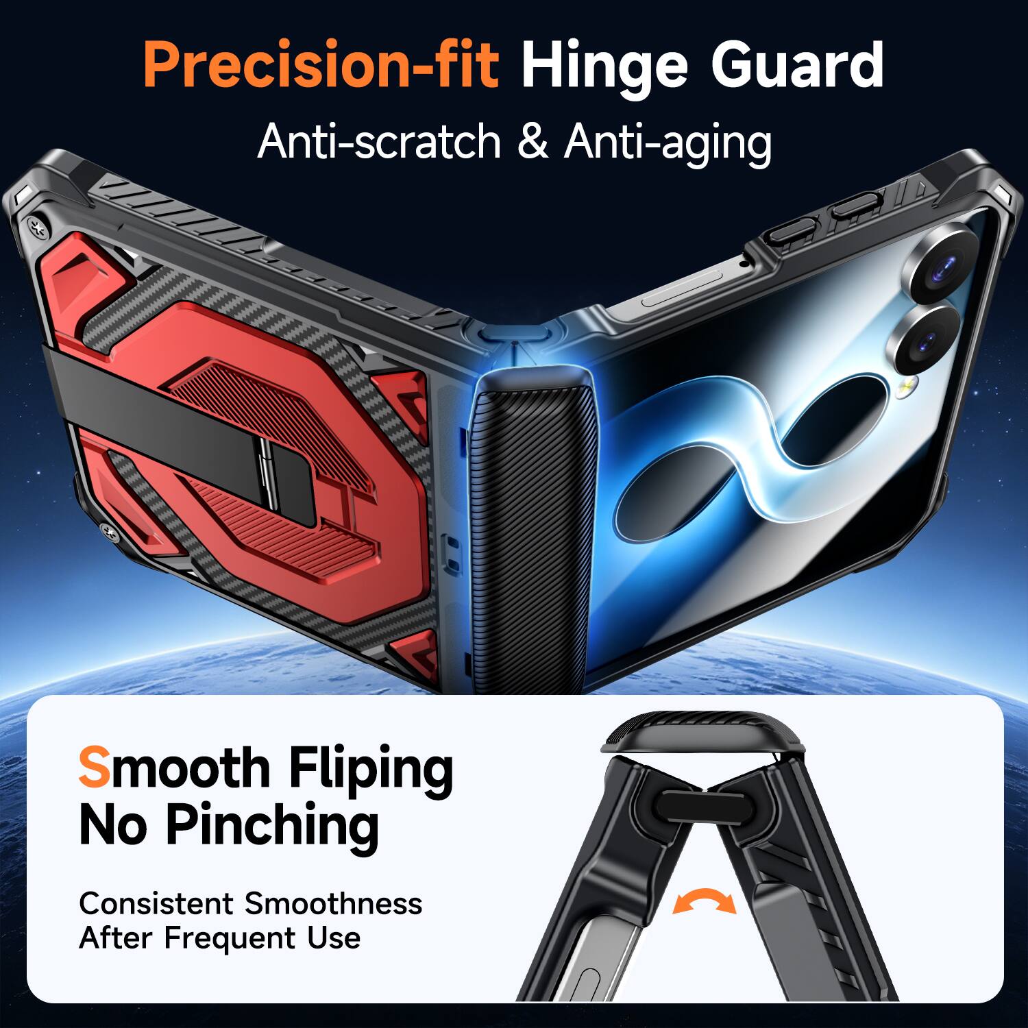 Precision-fit Hinge Guard  
Anti-scratch & Anti-aging  

Smooth Flipping  
No Pinching  
Consistent Smoothness After Frequent Use