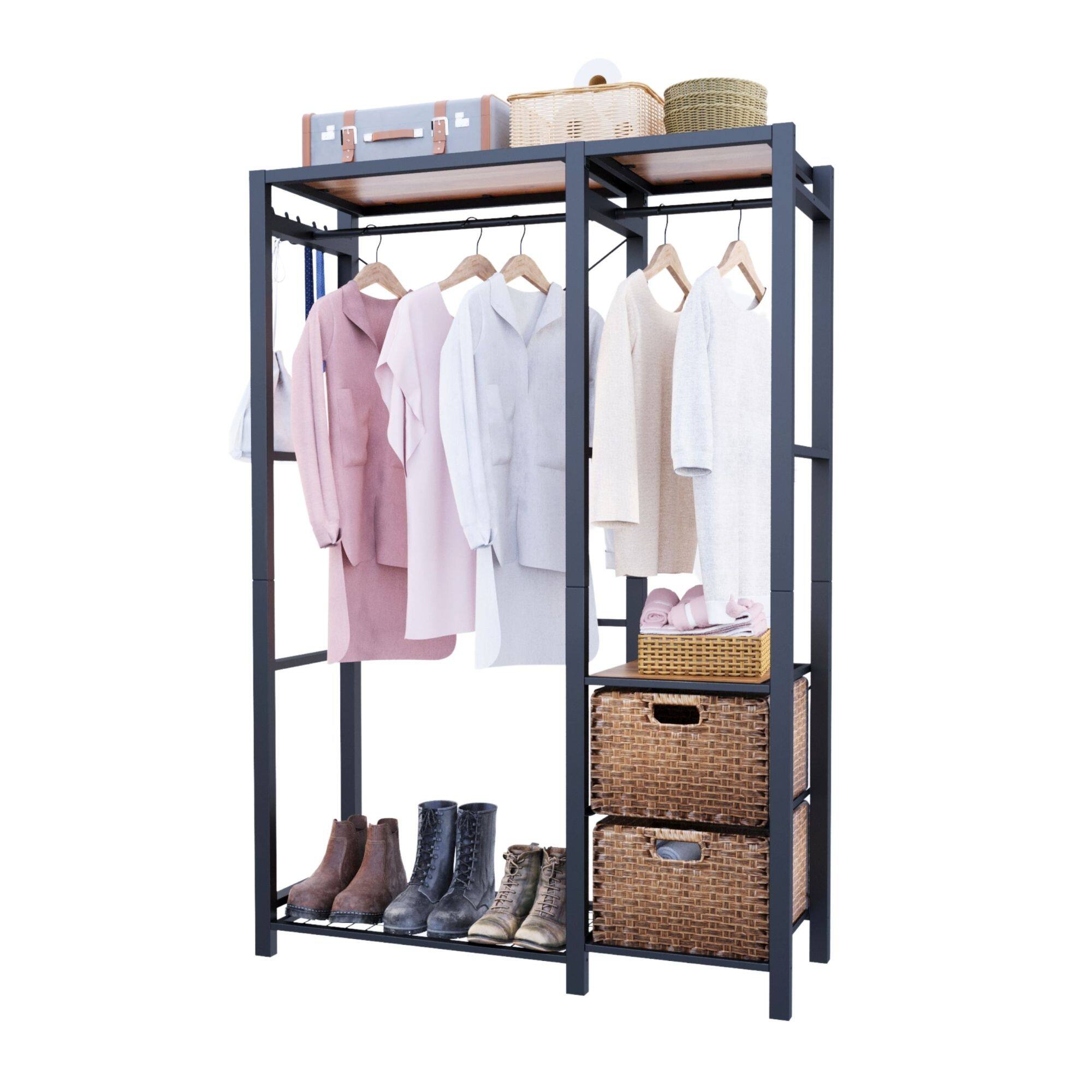Front. GOODSILO - Freestanding Wood Garment Rack with Shelves, Drawers and Hanging Hooks - Heavy Duty Closet Organization System - Brown.
