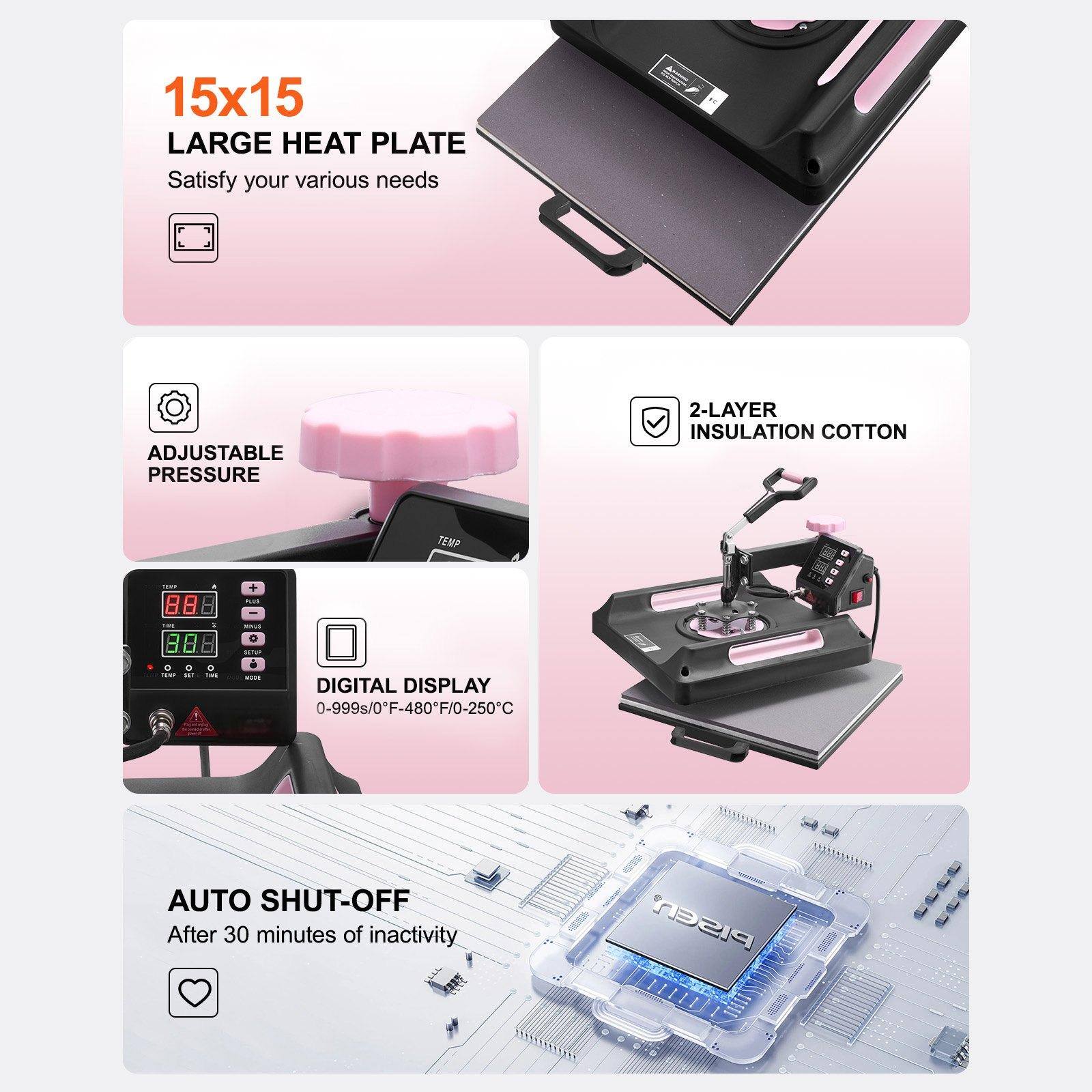 15x15 LARGE HEAT PLATE  
Satisfy your various needs  

ADJUSTABLE PRESSURE  

2-LAYER INSULATION COTTON  

DIGITAL DISPLAY  
0-999s/0°F-480°F/0-250°C  

AUTO SHUT-OFF  
After 30 minutes of inactivity