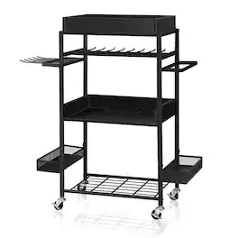 Oumilen - 3-Tier Rolling Tool Cart with Charging Station, Metal Utility Storage Rack with Drill Holders, Hooks and Baskets - Black