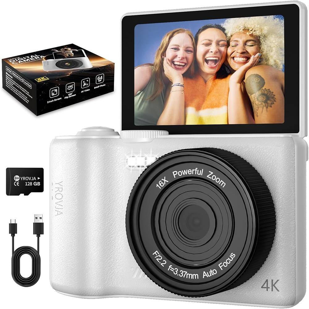 Sure, here is the corrected and grouped text from the image:

---

**CRYSTAL CAMERA**

- 16MP
- 1080P Video
- 4K Video
- 3-inch Screen
- Flip Screen

**YROVJA**

- Powerful 16X Zoom
- F/2.2
- f=3.37mm
- Auto Focus
- 4K

**Included:**
- 128 GB YROVJA SD Card
- USB Cable

---

This text is organized to reflect the features and included items as shown in the image.