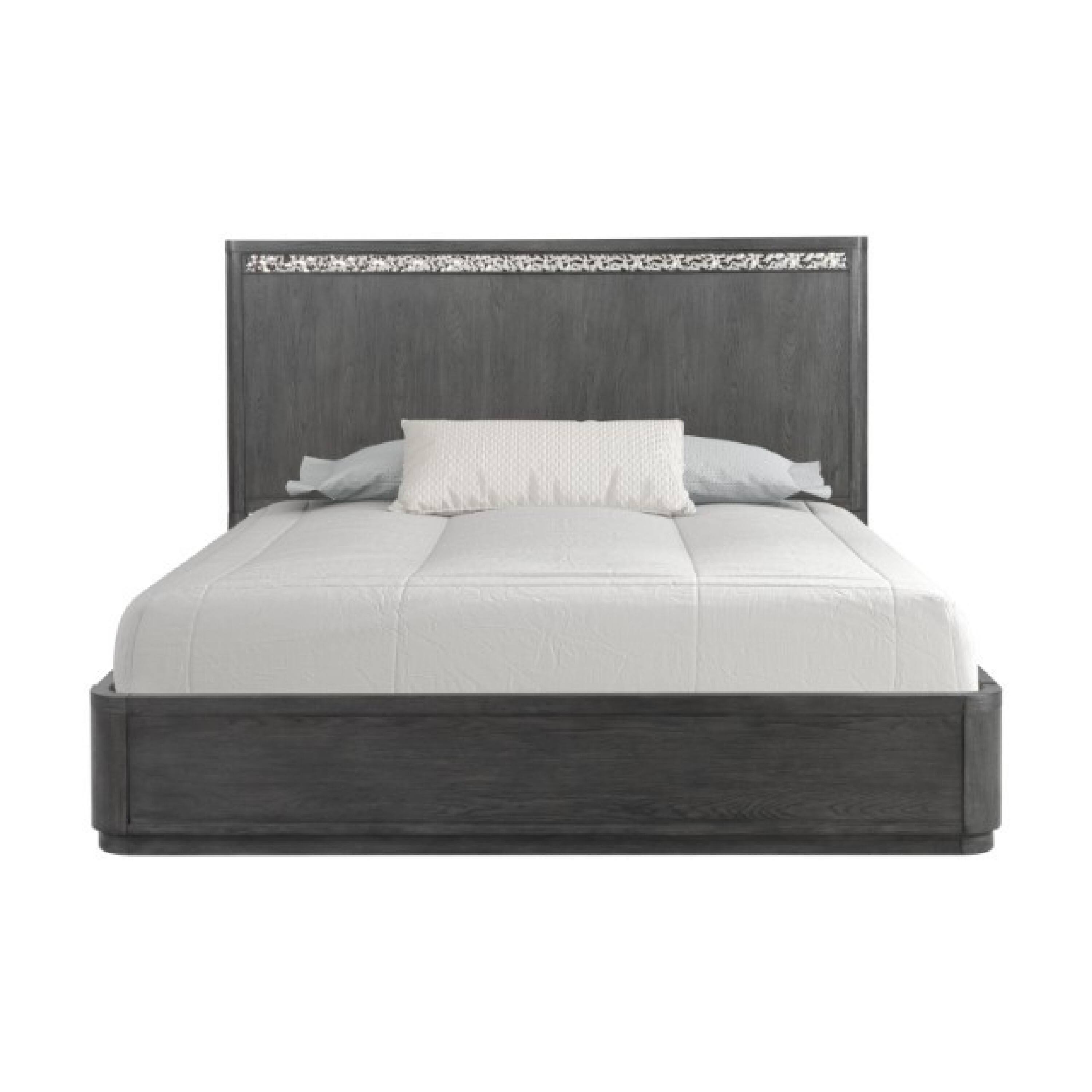 Alt View 1. Manhattan Lane - Zoko Queen Bed with Panel Style Headboard, Ash Gray Solid Wood Frame - Ash Gray, Chrome.