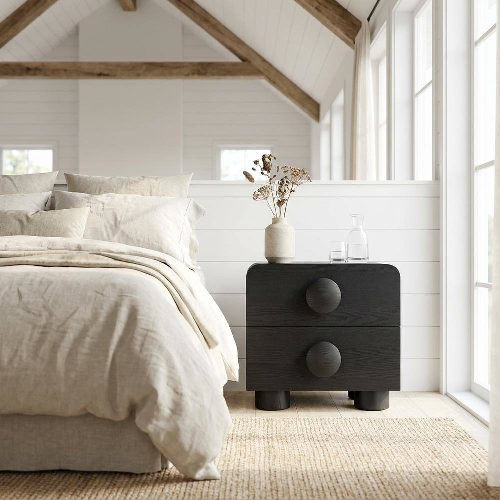 Left. FurniFact - Black 2-Drawer Nightstand with Modern Design and Sturdy Construction - Black.