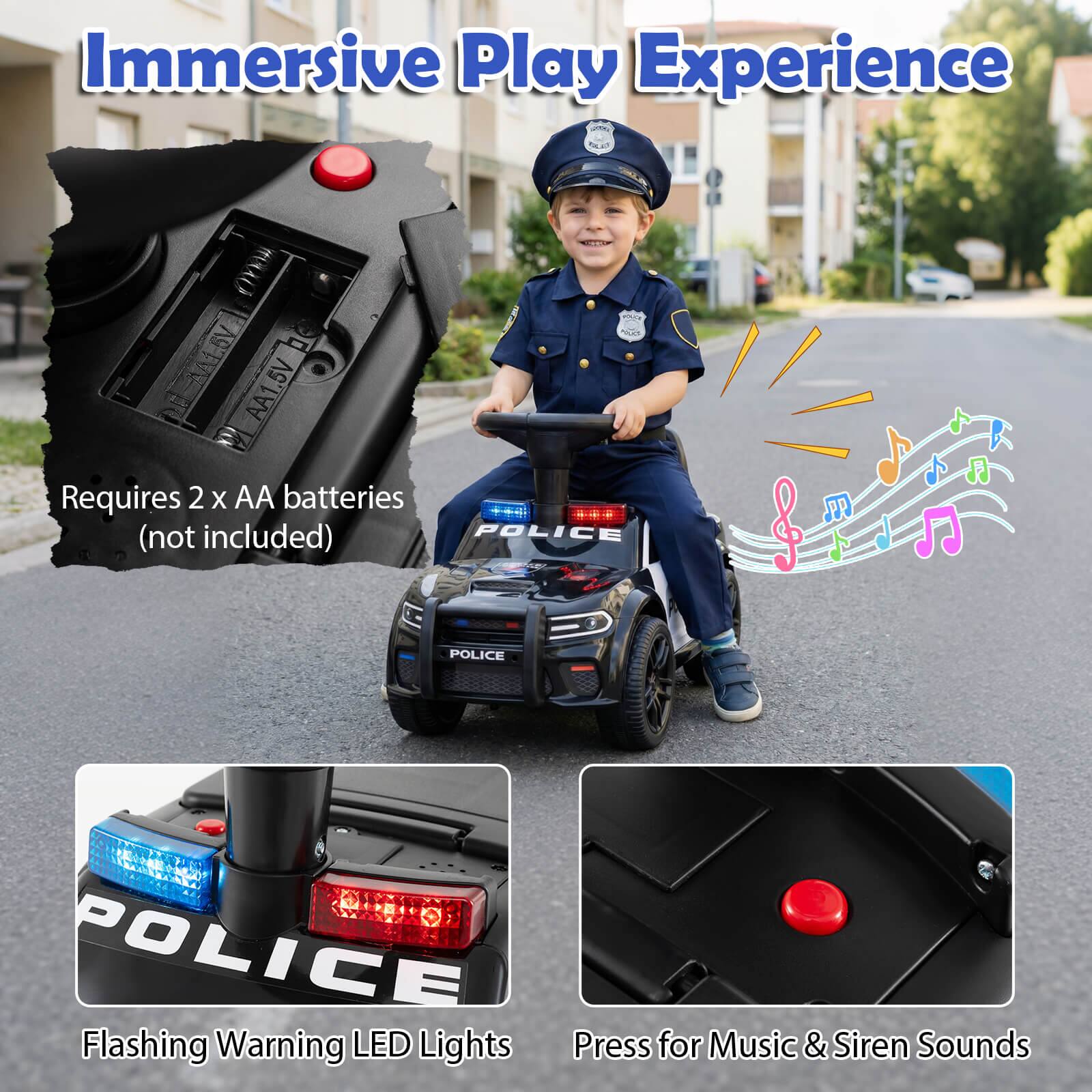 Immersive Play Experience

Requires 2 x AA batteries (not included)

Flashing Warning LED Lights

Press for Music & Siren Sounds