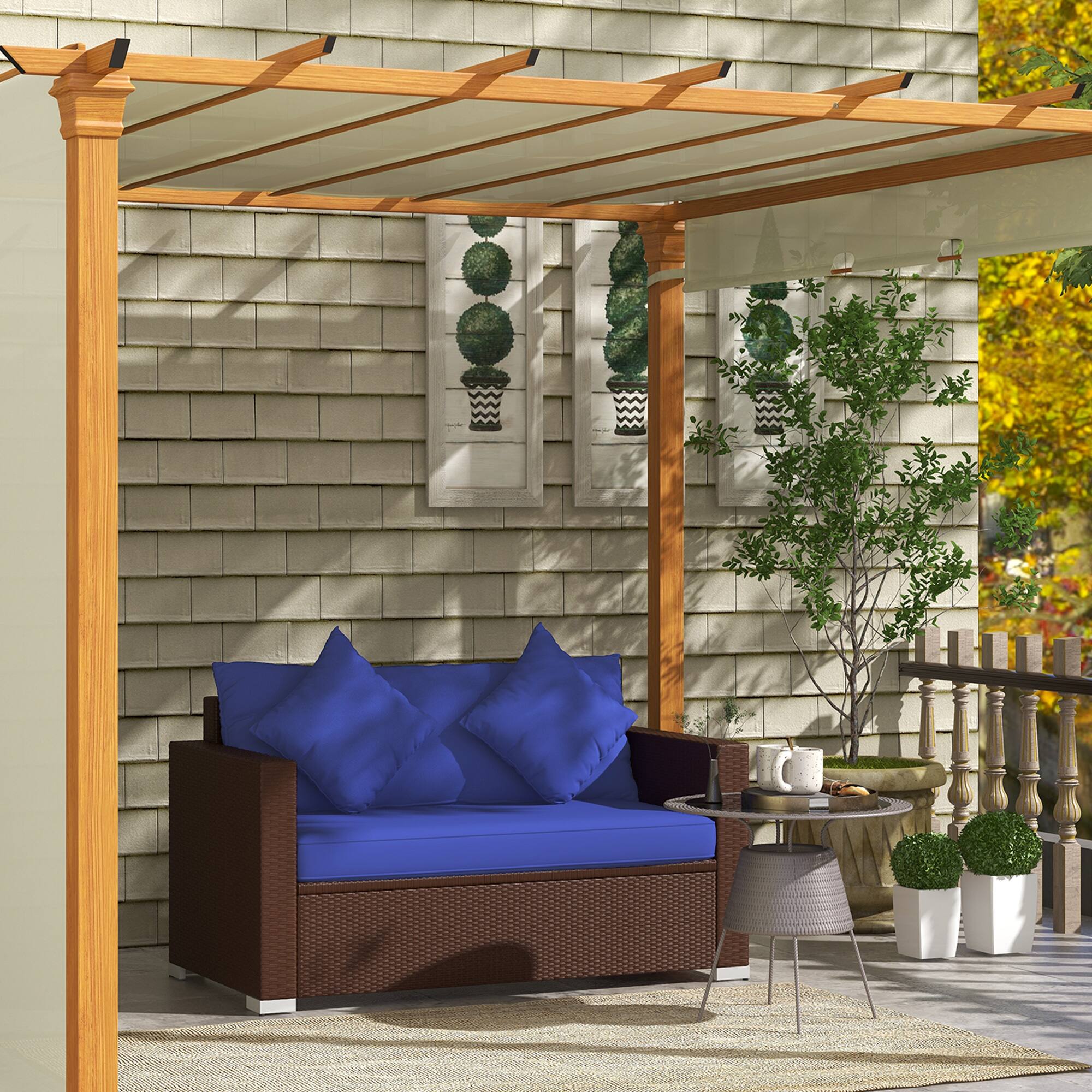 Alt View 1. Outsunny - Patio Wicker Loveseat with Cushions, 2-Seat Outdoor PE Rattan Couch Sofa with Throw Pillows, for Porch, Backyard - Dark Blue.