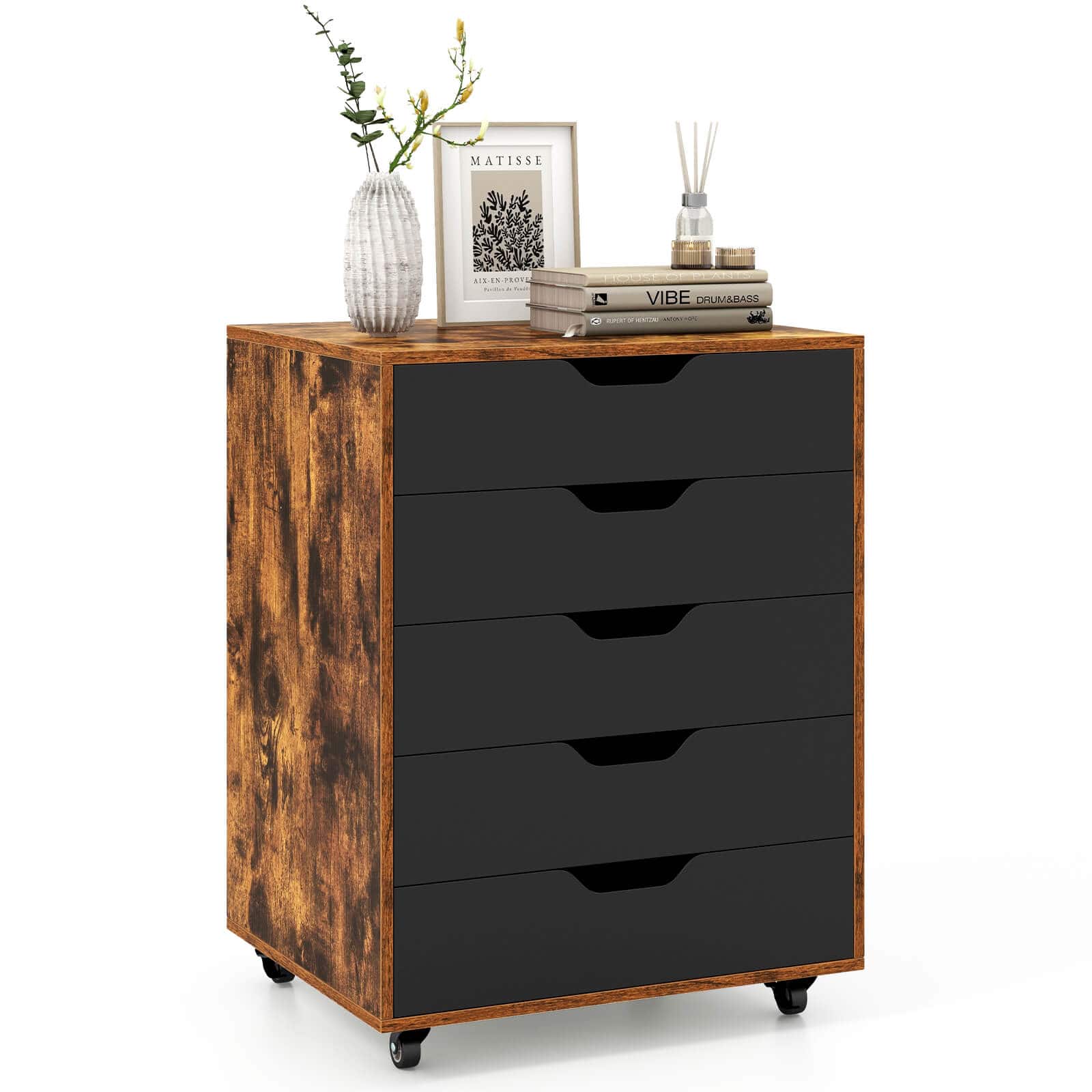 Costway - 5-Drawer Lateral File Cabinet with Wheels Modern Chest of Drawers for Home - Rustic Brown, Black