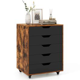 Costway - 5-Drawer Lateral File Cabinet with Wheels Modern Chest of Drawers for Home - Rustic Brown, Black