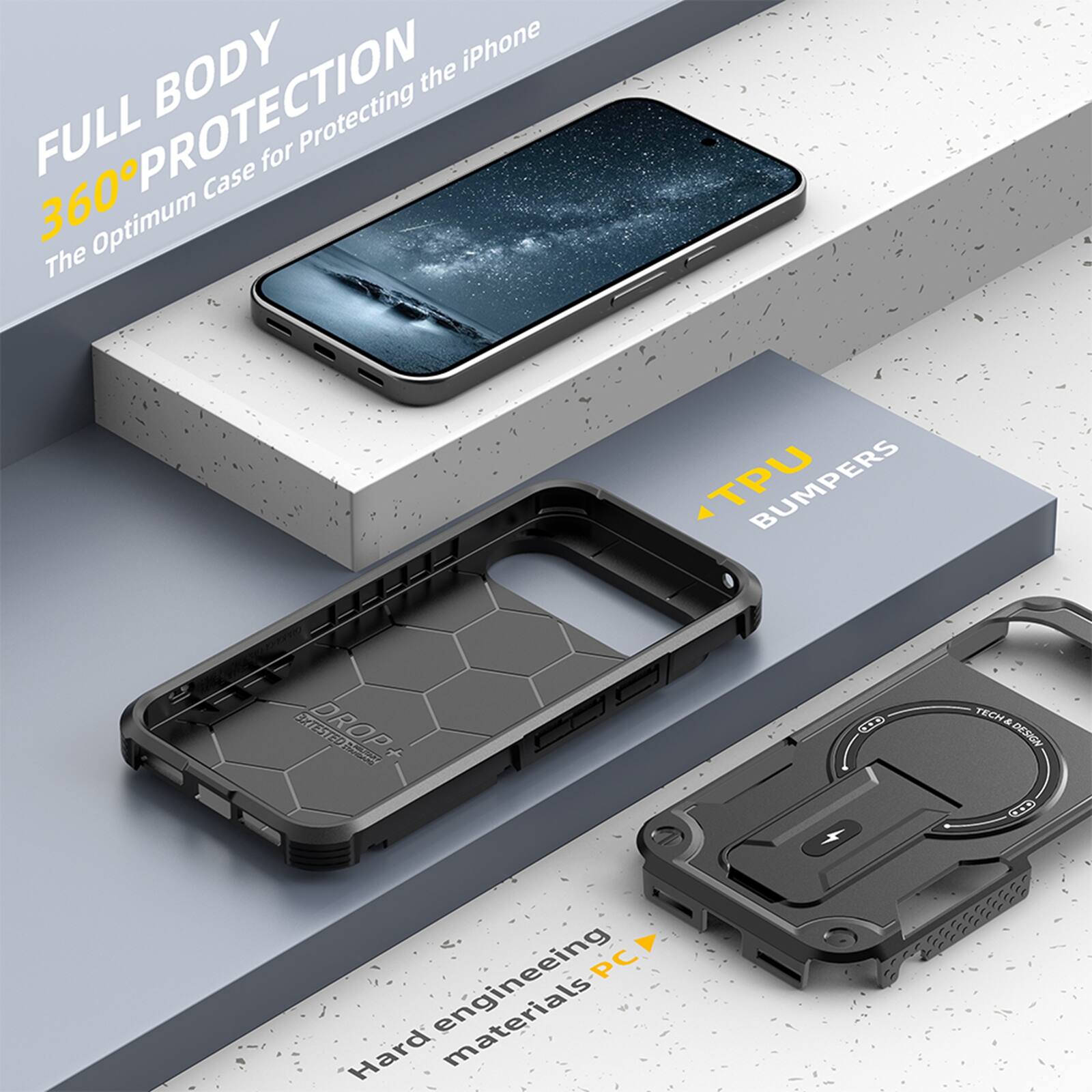 FULL BODY 360° PROTECTION  
The Optimum Case for Protecting the iPhone  

TPU BUMPERS  

Hard engineering materials PC  

TECH DESIGN