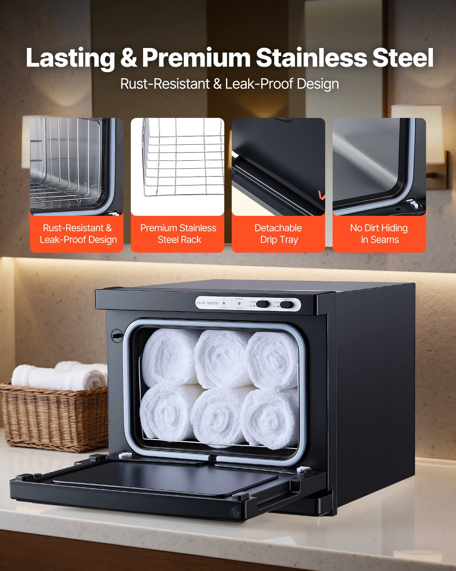 Lasting & Premium Stainless Steel  
Rust-Resistant & Leak-Proof Design  
Rust-Resistant & Leak-Proof Design  
Premium Stainless Steel Rack  
Detachable Drip Tray  
No Dirt Hiding in Seams