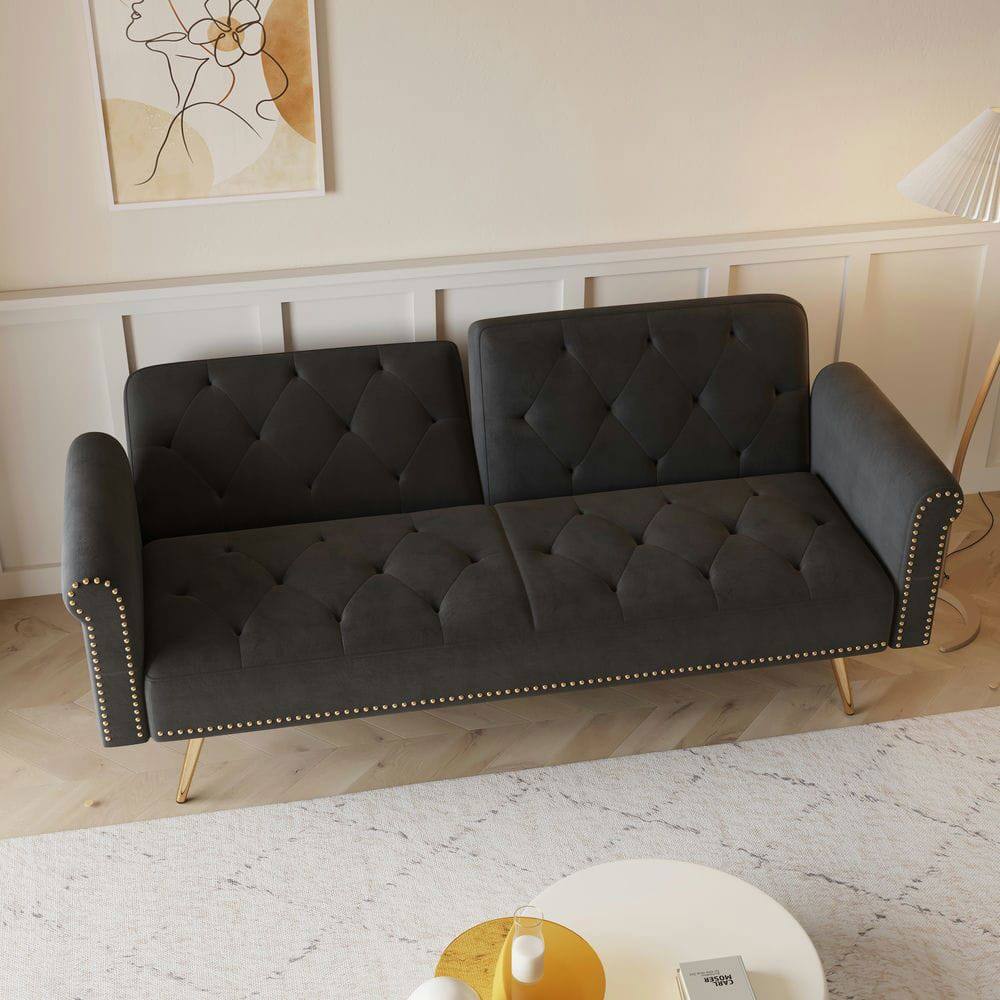 Alt View 2. Kadyn - 69.7" Velvet Sofa Bed with Nail Head Trim & Matching Throw Pillow - Black.