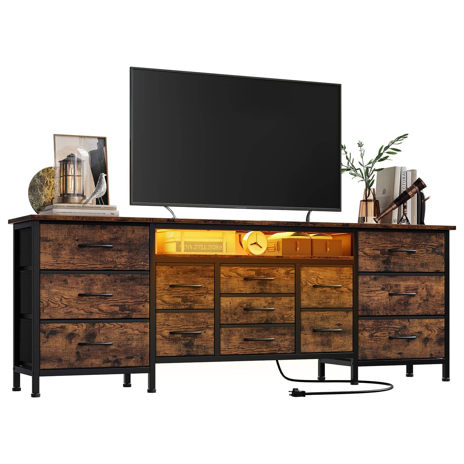 GARVEE - 70 Inch Long Dresser TV Stand for 65, 75, 80 Inch TV, Wide 13 Chest of Fabric Drawers Dresser - Brown
