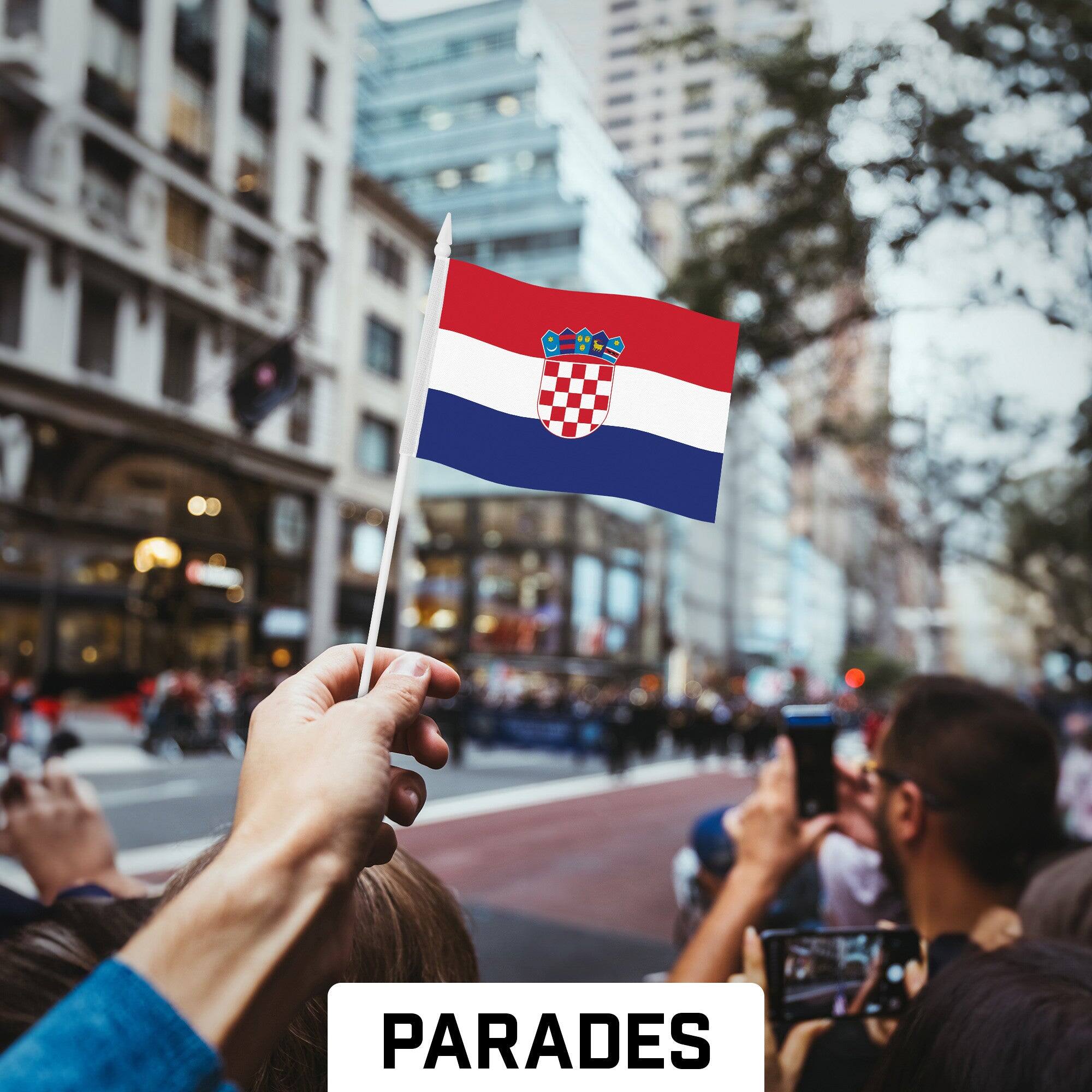 Back. G128 - 50-Pack Handheld Croatia Flags — 4 x 6 in Printed 150D Polyester with Plastic Stick and White Spear Tip - Assorted Colors.