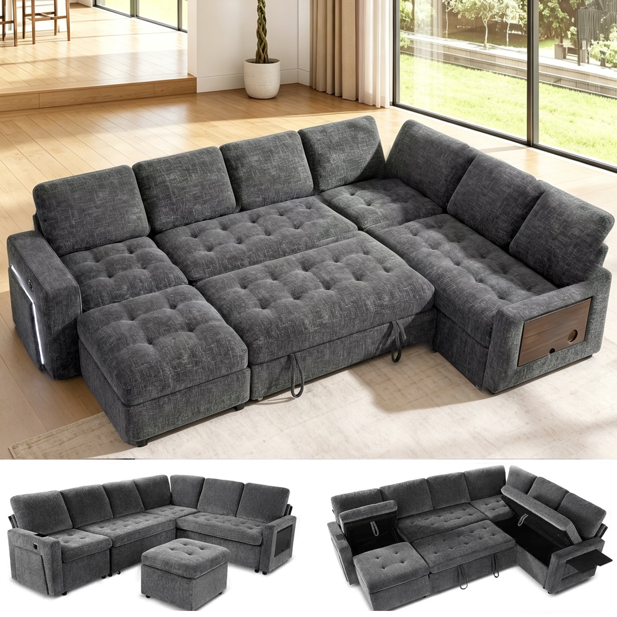Dyonery - 7-Seat Modular Sectional Sleeper Sofa with Pull-Out Bed, Reclining Backrest, USB Ports, Table, LED Lights ,Gray - Gray