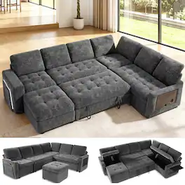 Dyonery - 7-Seat Modular Sectional Sleeper Sofa with Pull-Out Bed, Reclining Backrest, USB Ports, Table, LED Lights ,Gray - Gray