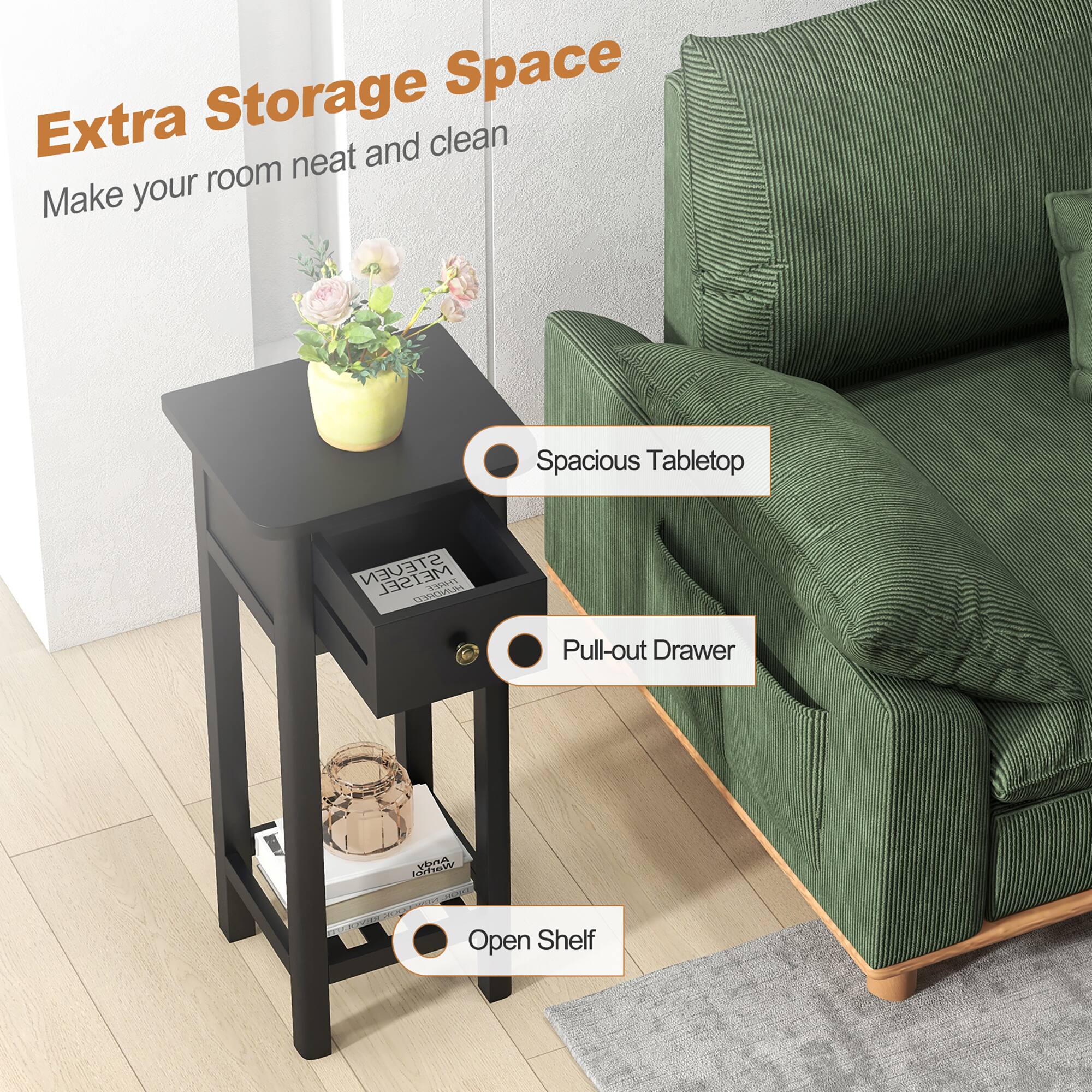 Extra Storage Space  
Make your room neat and clean  

- Spacious Tabletop  
- Pull-out Drawer  
- Open Shelf