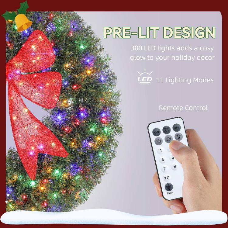PRE-LIT DESIGN  
300 LED lights adds a cosy glow to your holiday decor  
LED 11 Lighting Modes  
Remote Control  
ON OFF 6H 8H 1 4 5 8 7 10  
DIM-