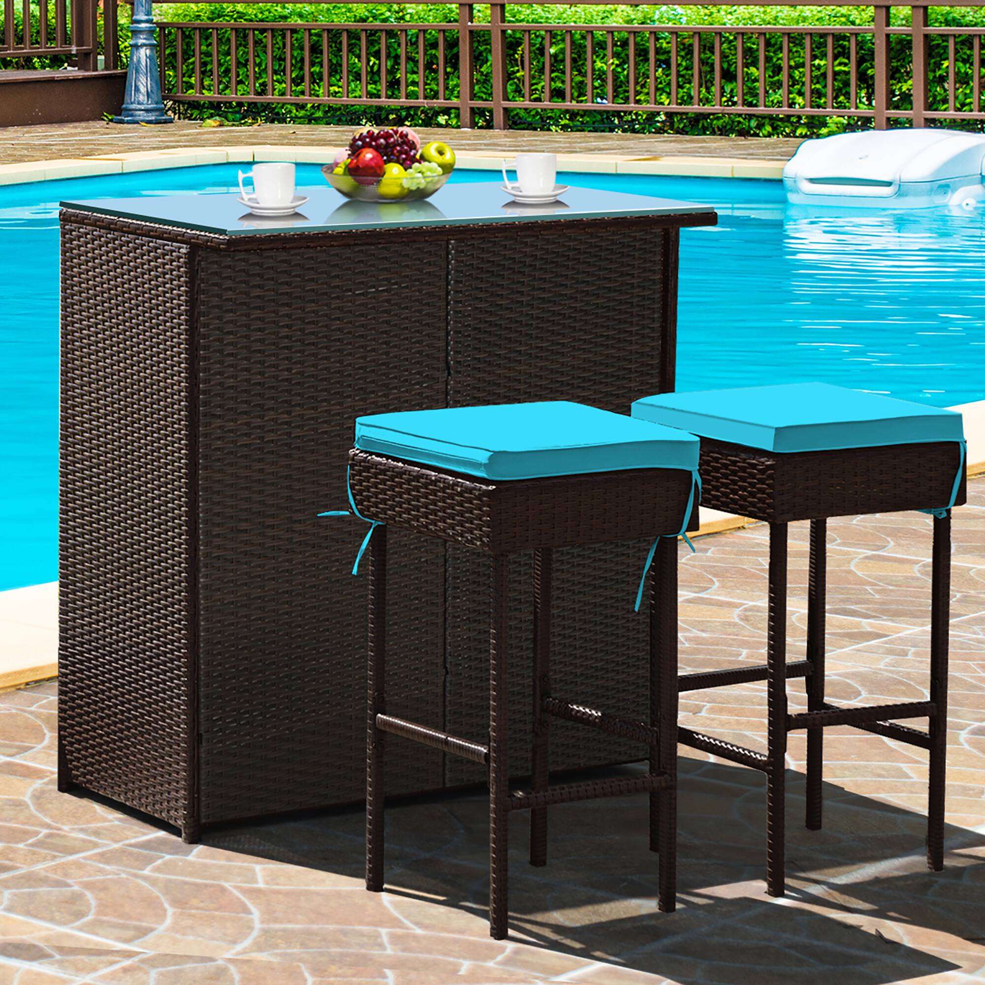 Alt View 1. Costway - 3PCS Patio Rattan Wicker Bar Table Stools Dining Set Cushioned Chairs - Mixed Brown/turquoise.