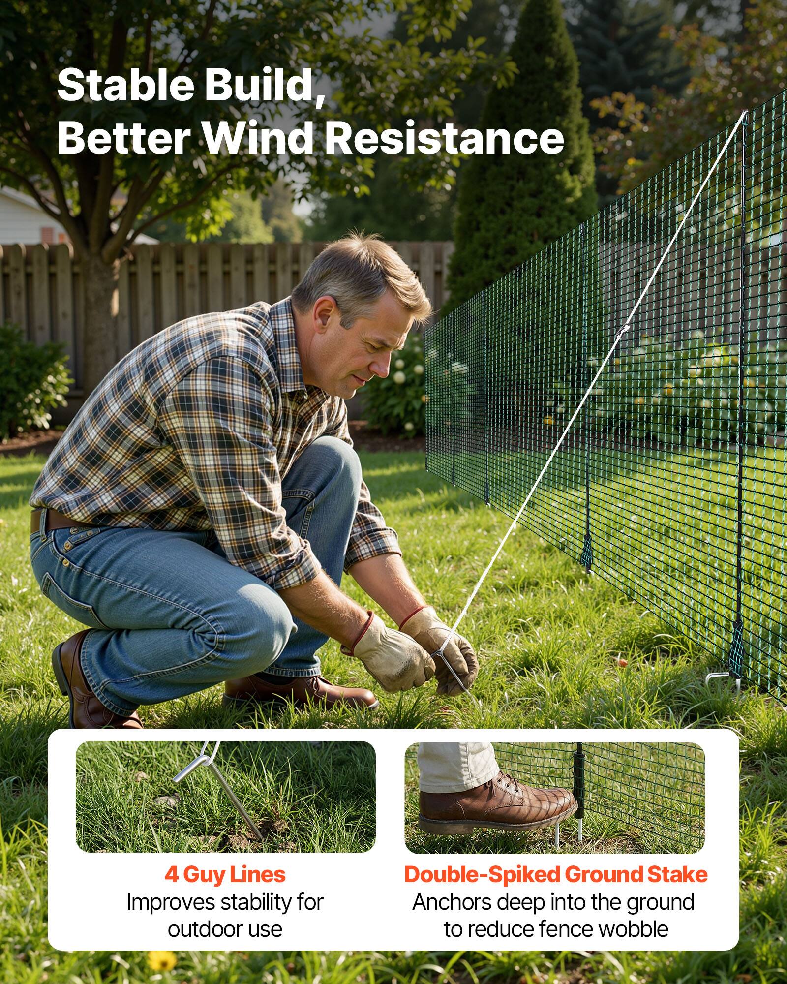 Stable Build, Better Wind Resistance

4 Guy Lines  
Improves stability for outdoor use

Double-Spiked Ground Stake  
Anchors deep into the ground to reduce fence wobble
