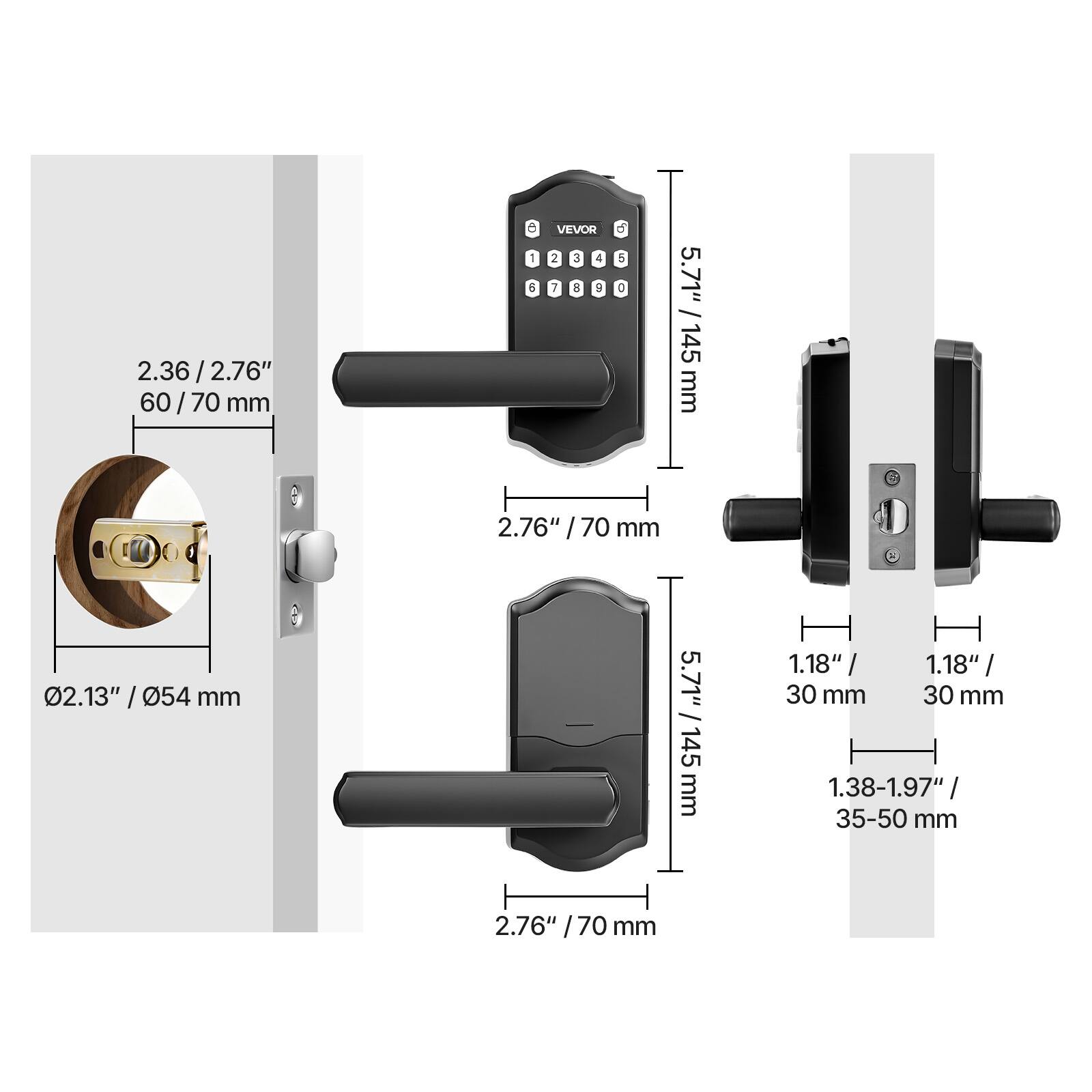 2.36 / 2.76"  
60 / 70 mm  

5.71" / 145 mm  

2.76" / 70 mm  

02.13" / 054 mm  

1.18" / 30 mm  

1.38-1.97" / 35-50 mm