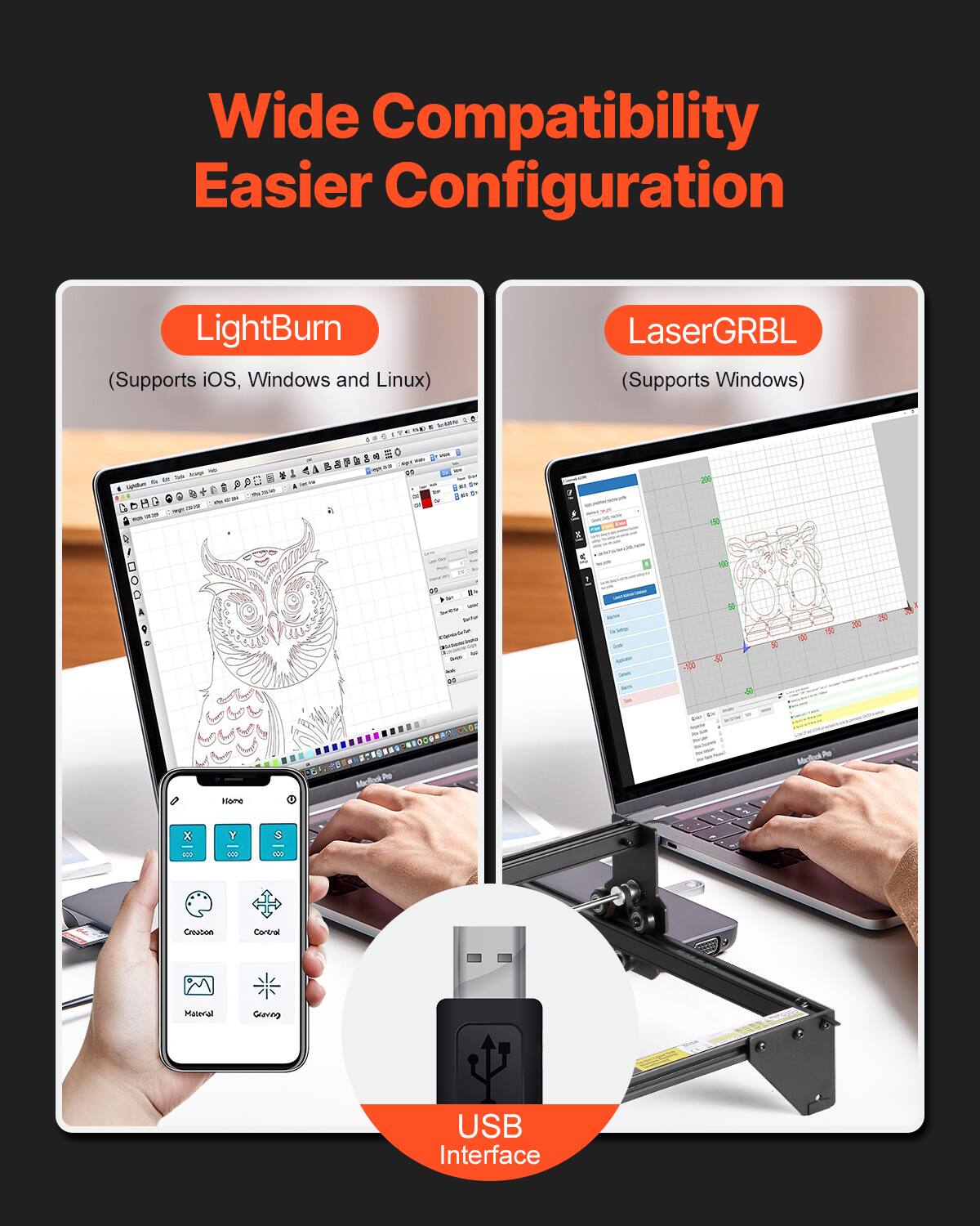 Wide Compatibility Easier Configuration

LightBurn (Supports iOS, Windows and Linux)

LaserGRBL (Supports Windows)

USB Interface