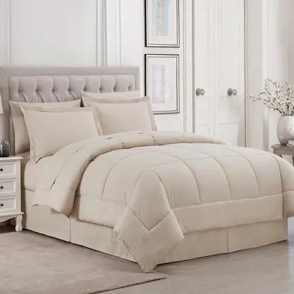 Front. Sweet Home Collection - 8 Piece Embossed Dobby Stripe Bed in a Bag All Season Complete Set with Sheets - Queen - Beige.