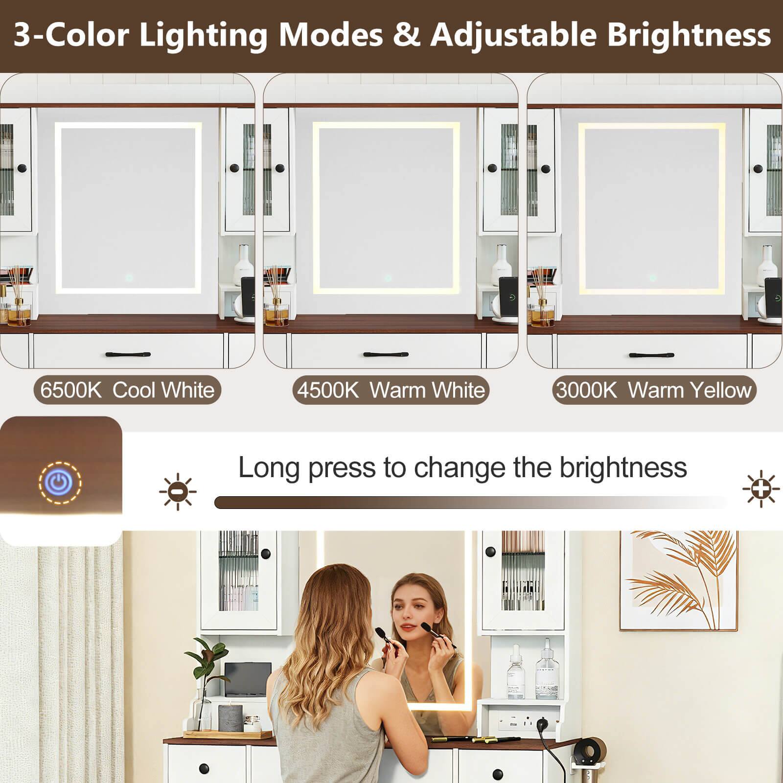 3-Color Lighting Modes & Adjustable Brightness

6500K Cool White  
4500K Warm White  
3000K Warm Yellow  

Long press to change the brightness
