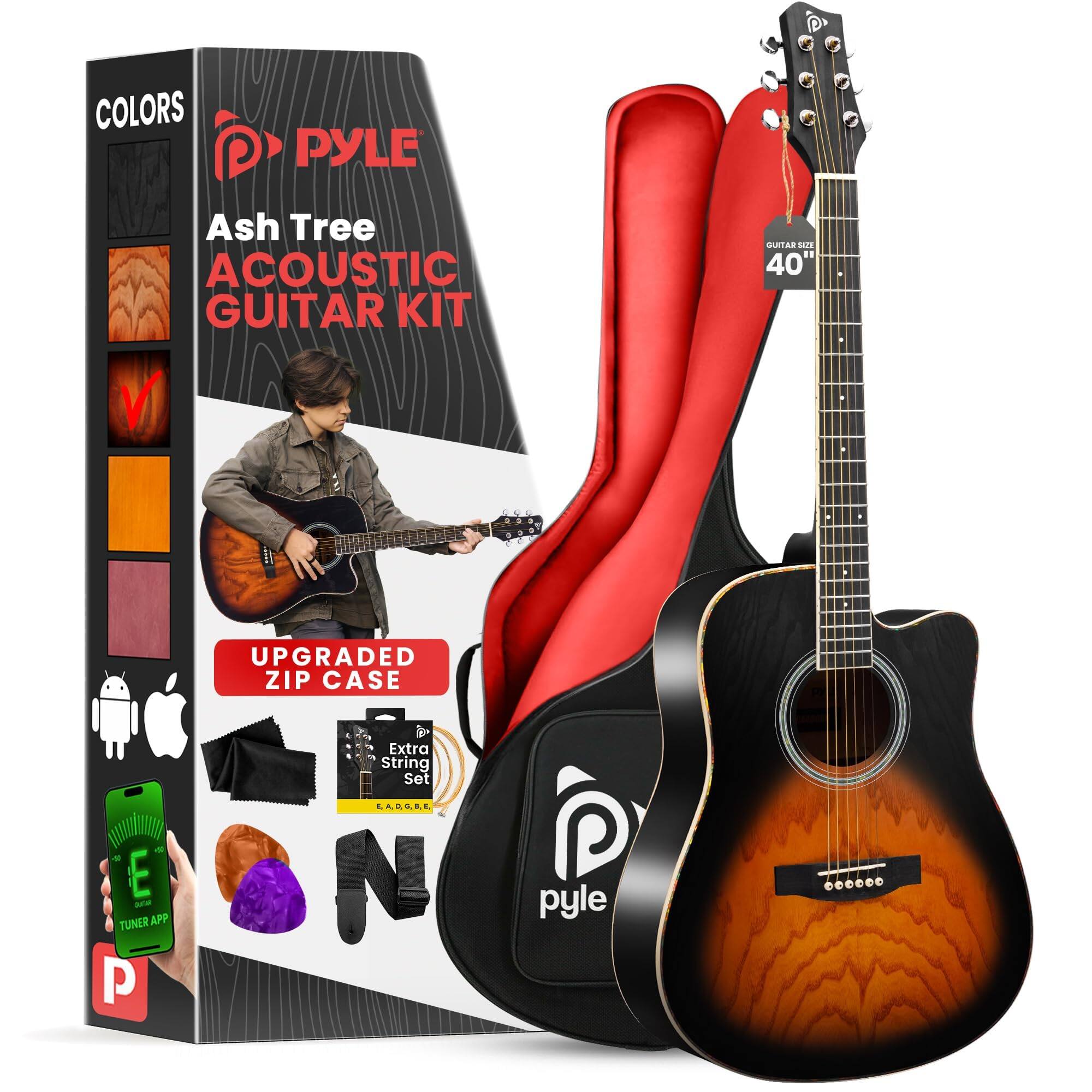 COLORS PYLE Ash Tree ACOUSTIC GUITAR KIT 40" UPGRADED ZIP CASE E pEs TUNER APP P Extra String Set LAGURL N P pyle