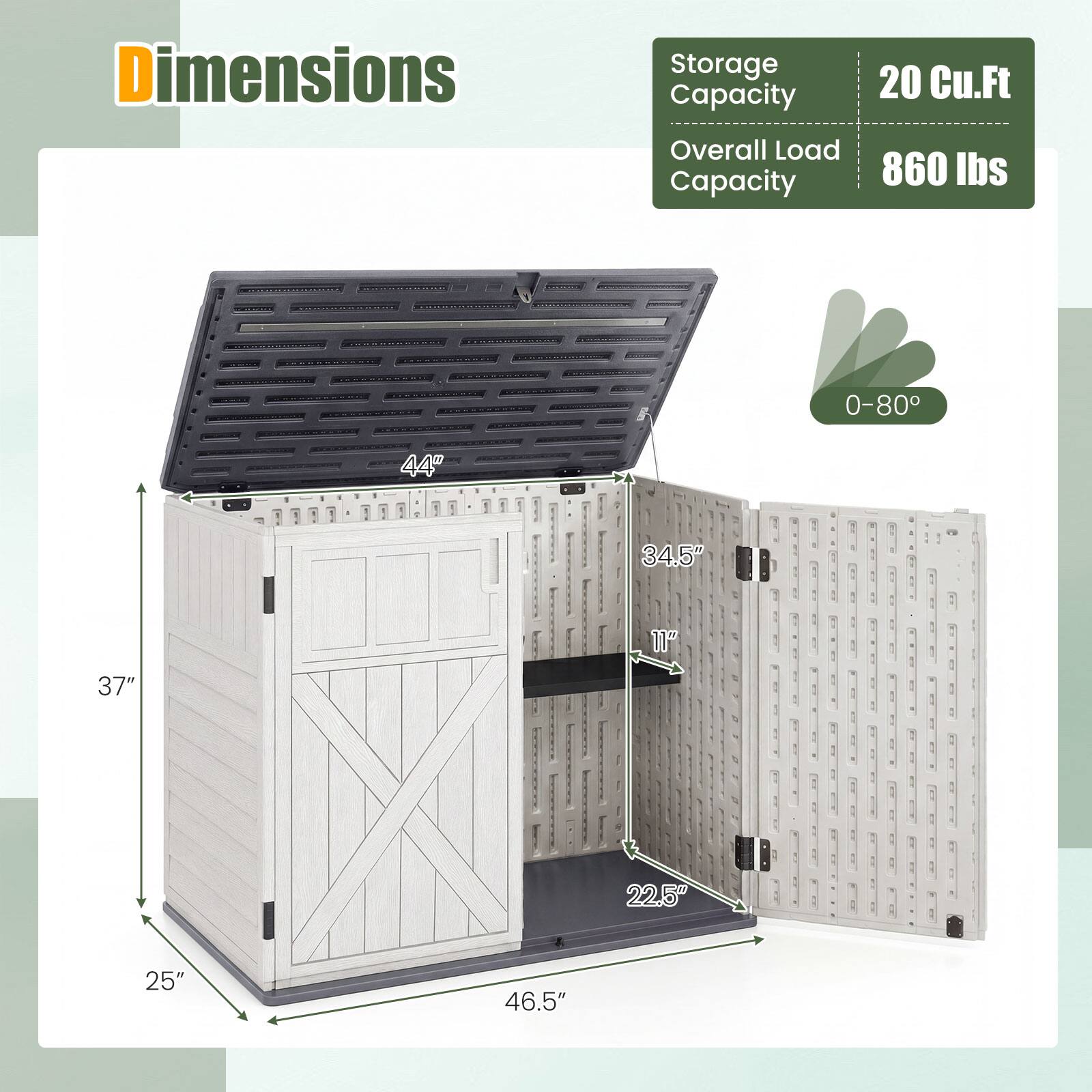 Dimensions  
Storage Capacity: 20 Cu.Ft  
Overall Load Capacity: 860 lbs  
Temperature Range: 0-80°  
Dimensions: 44" x 34.5" x 37" x 11" x 22.5" x 25" x 46.5"