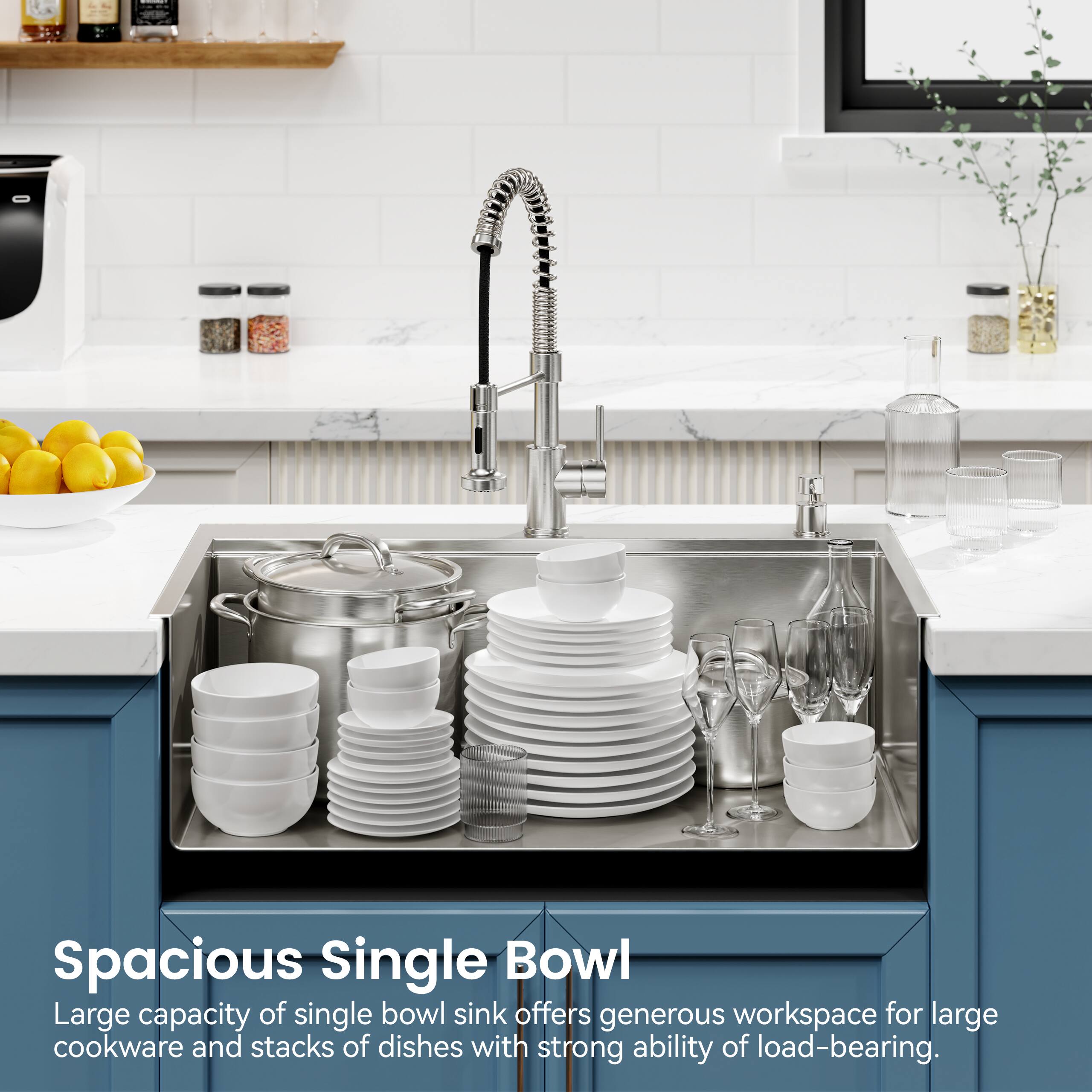 Spacious Single Bowl

Large capacity of single bowl sink offers generous workspace for large cookware and stacks of dishes with strong ability of load-bearing.
