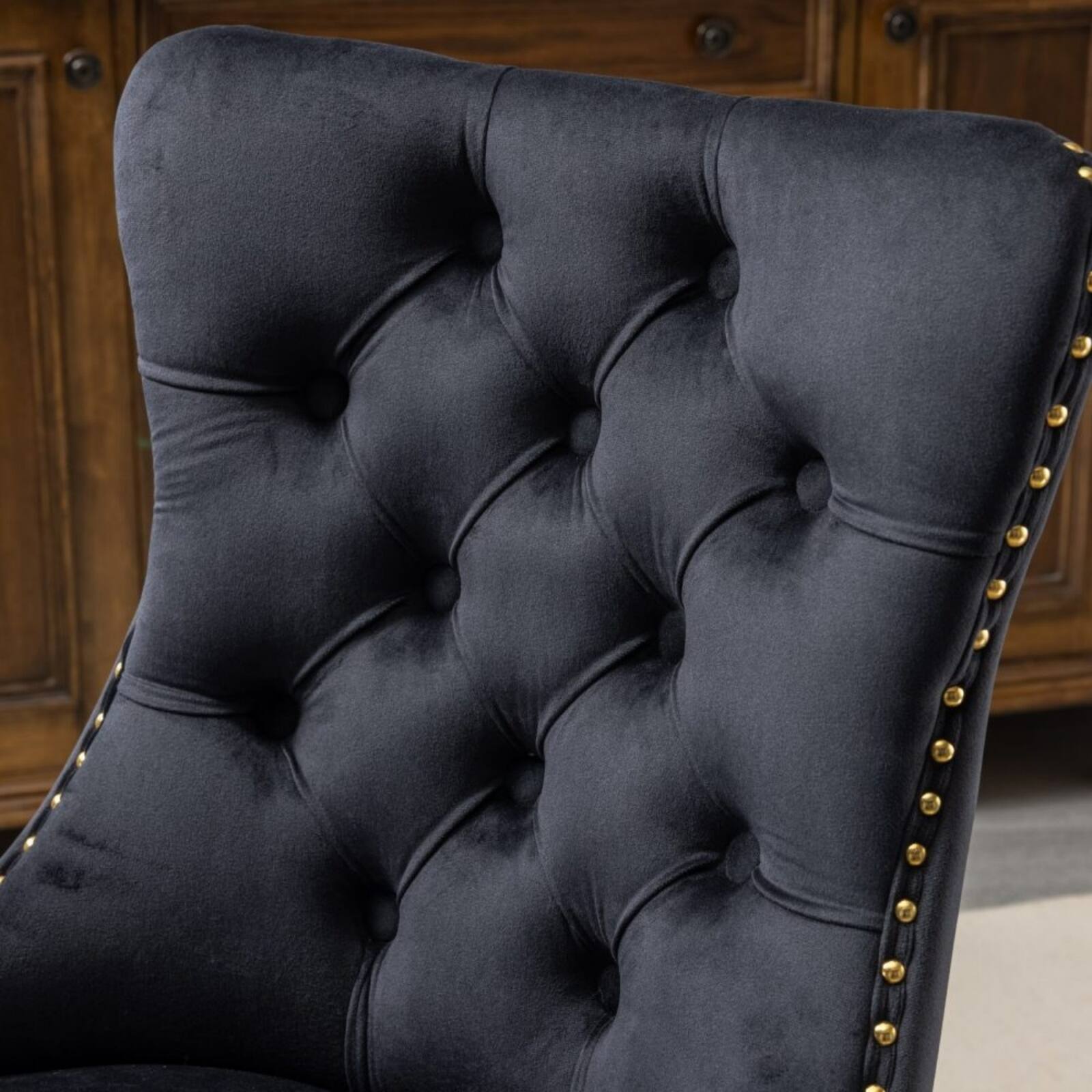 Back. HTUTWOO - Velvet Tufted Vanity Chair with Gold Base - 360° Swivel Wheels & Wide Soft Comfortable Cushion,for Bedroom & Office - Black.