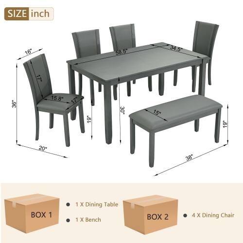 SIZE inch  
16" 58.5" 34.5" 17" 36" 15.8" 17" 19" 30" 15" 19" 20" 38"  

BOX 1  
1 X Dining Table  
1 X Bench  

BOX 2  
4 X Dining Chair