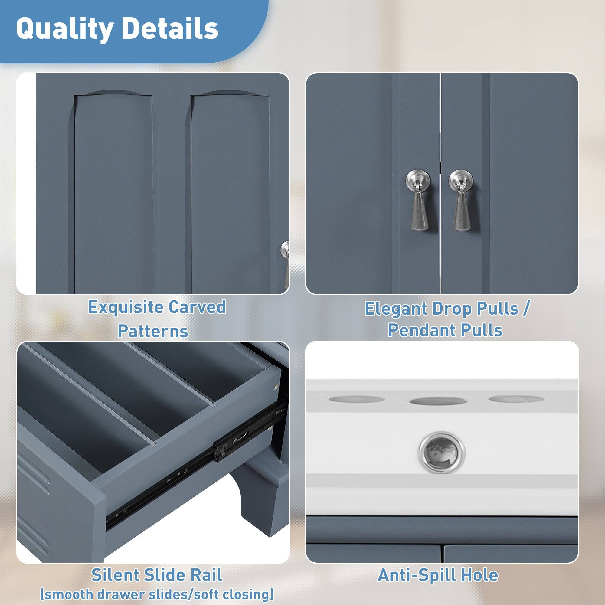 Quality Details

- Exquisite Carved Patterns
- Elegant Drop Pulls / Pendant Pulls
- Silent Slide Rail (smooth drawer slides/soft closing)
- Anti-Spill Hole