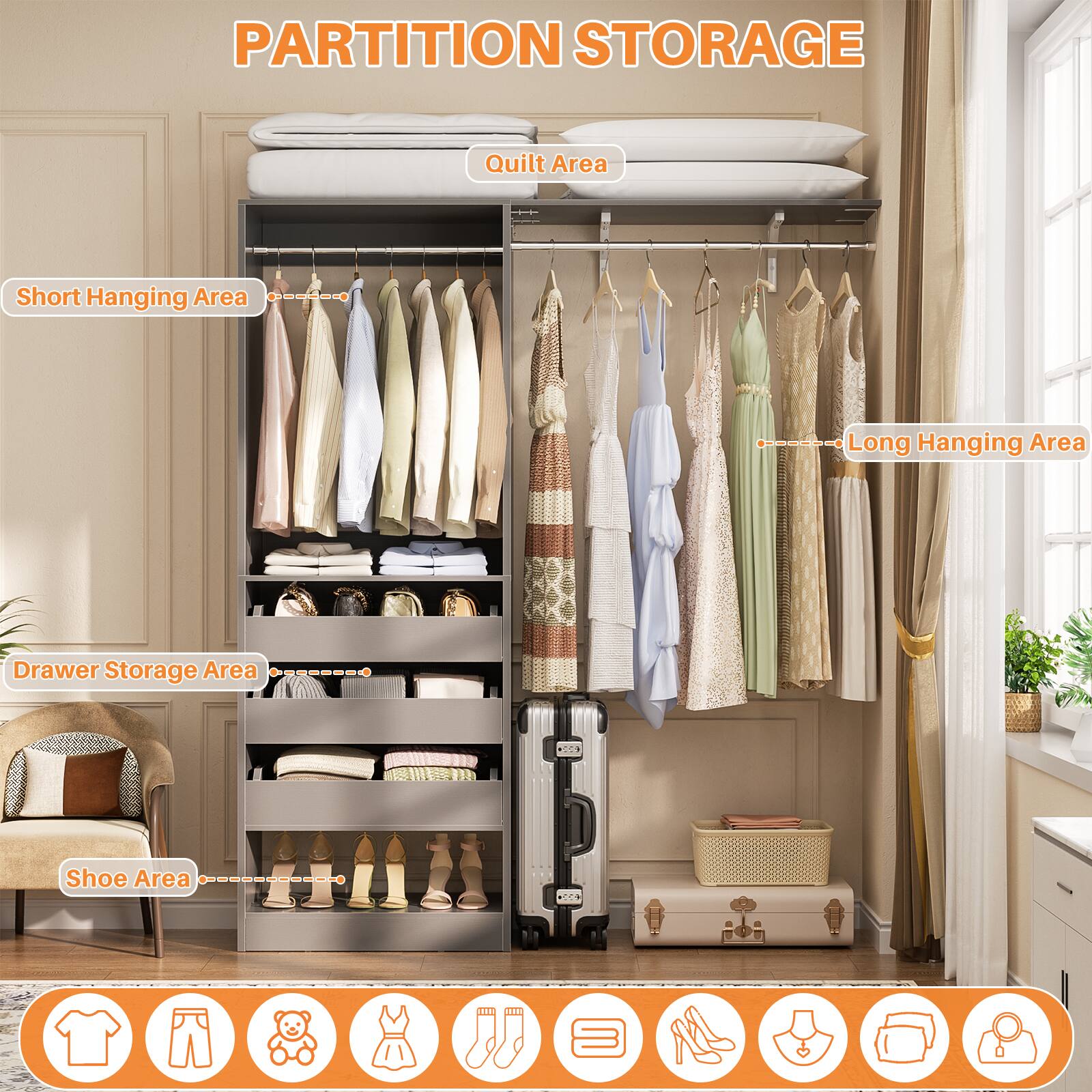 PARTITION STORAGE

- Quilt Area
- Short Hanging Area
- Long Hanging Area
- Drawer Storage Area
- Shoe Area