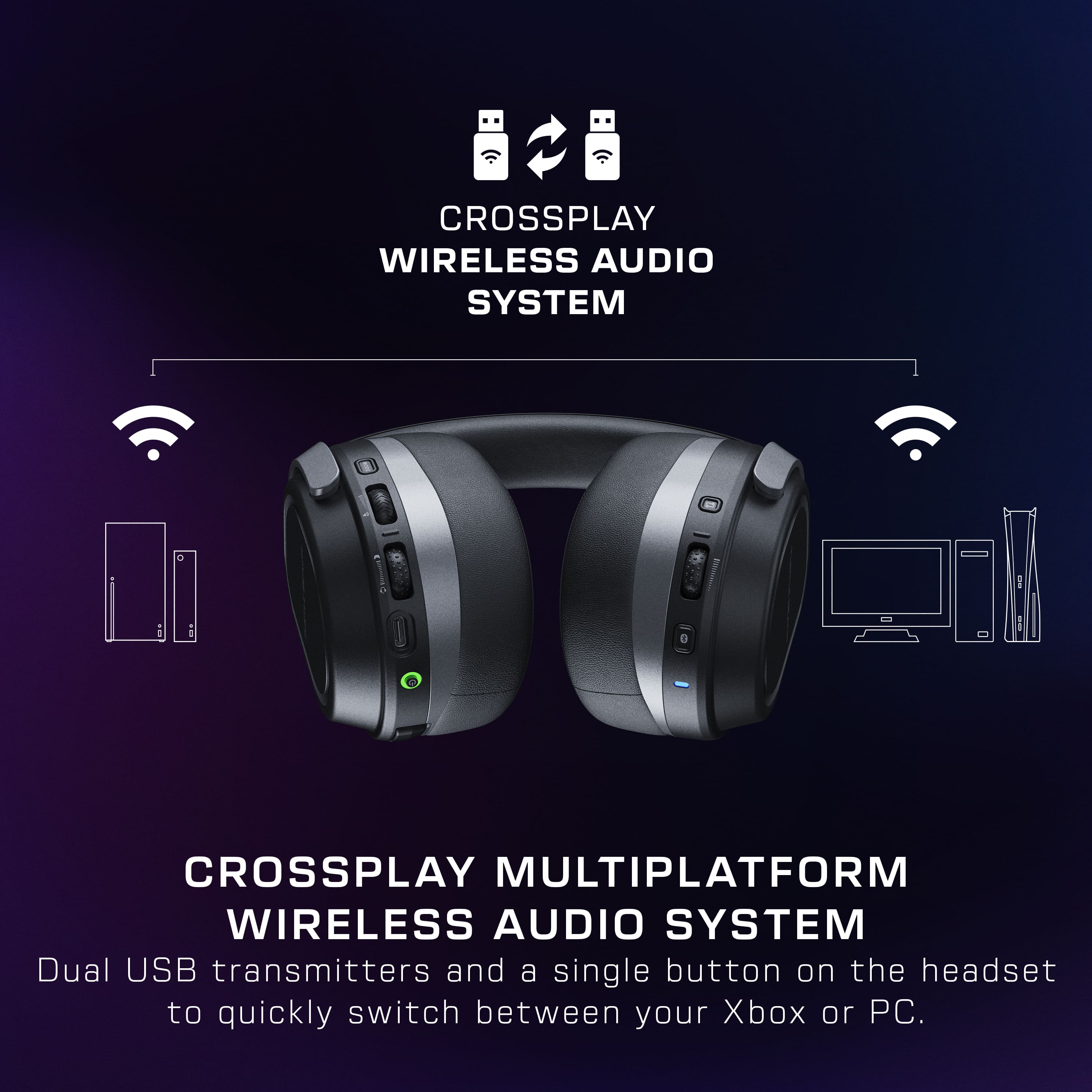 Crossplay Wireless Audio System: Crossplay Multiplaform Wireless Audio System. Dual USB transmitters and a single button on the headset to quickly switch between your Xbox or PC.