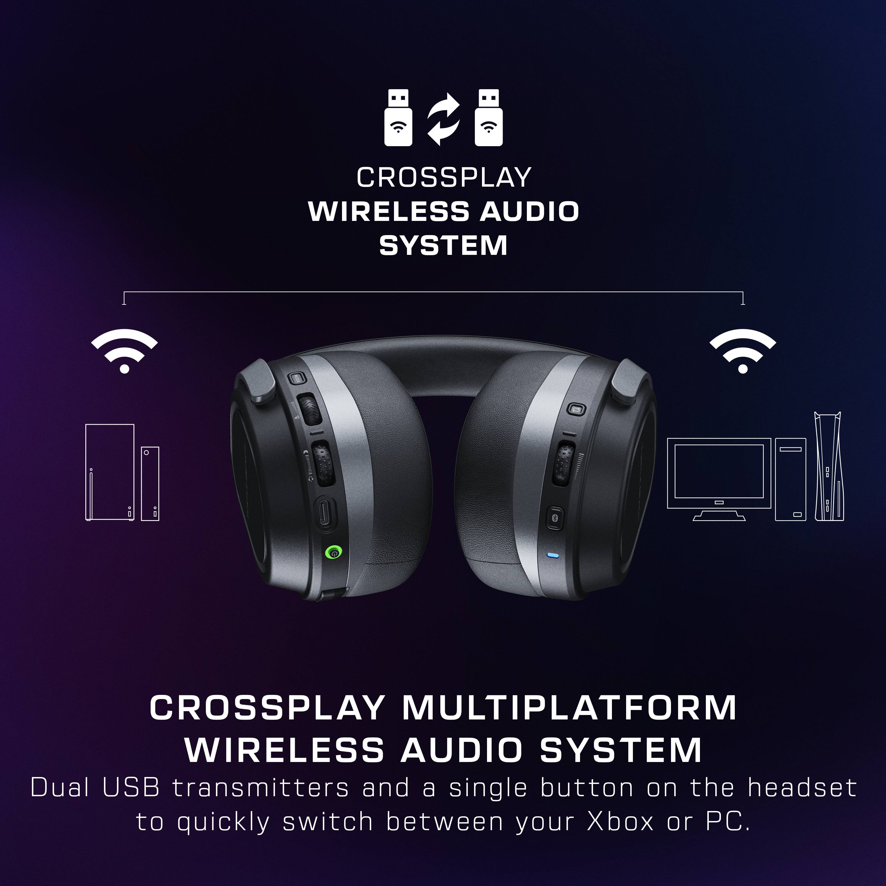 Crossplay Wireless Audio System: Crossplay Multiplaform Wireless Audio System. Dual USB transmitters and a single button on the headset to quickly switch between your Xbox or PC.