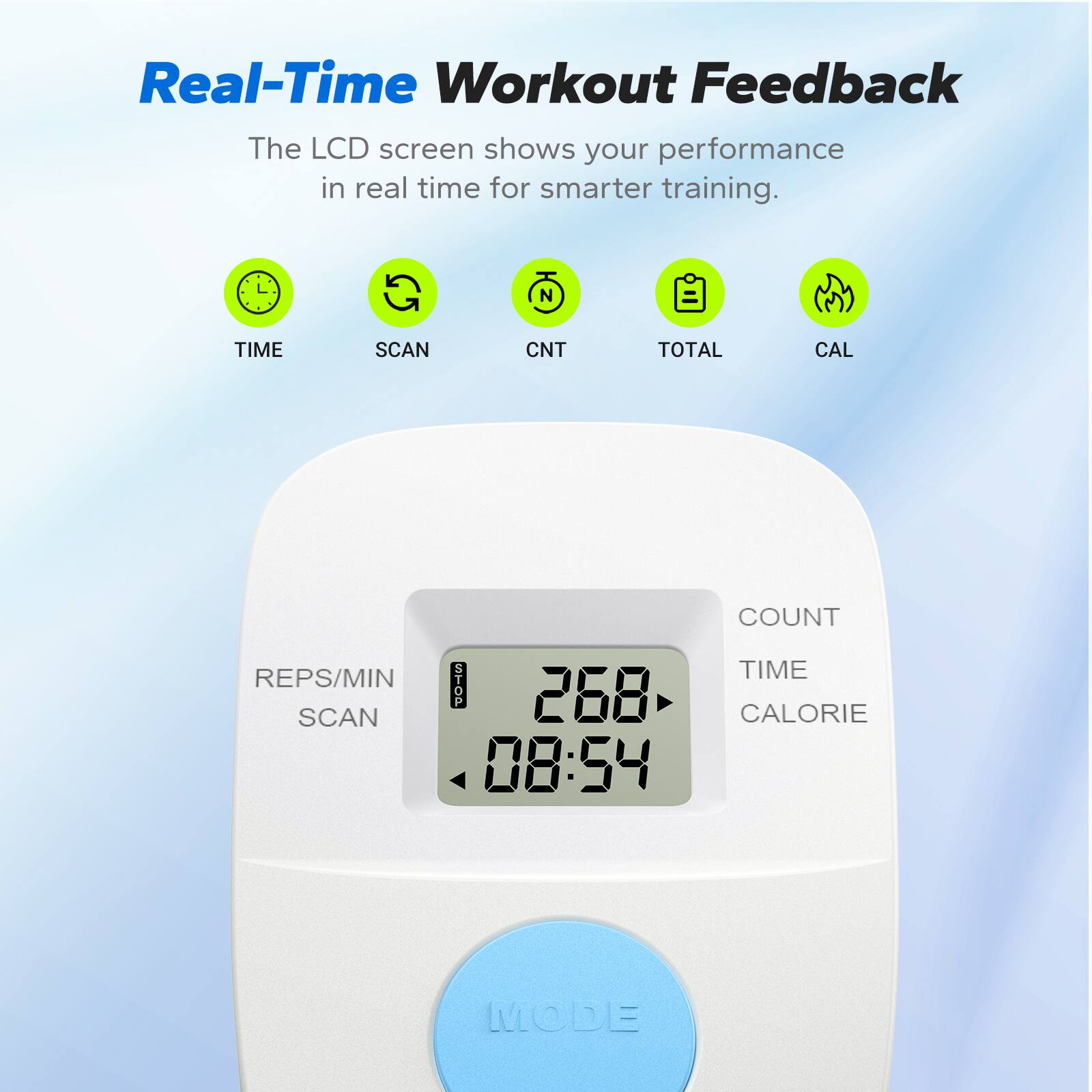 Real-Time Workout Feedback

The LCD screen shows your performance in real time for smarter training.

- TIME
- SCAN
- CNT
- TOTAL
- CAL

268
08:54

REPS/MIN
SCAN

COUNT
TIME
CALORIE

MODE