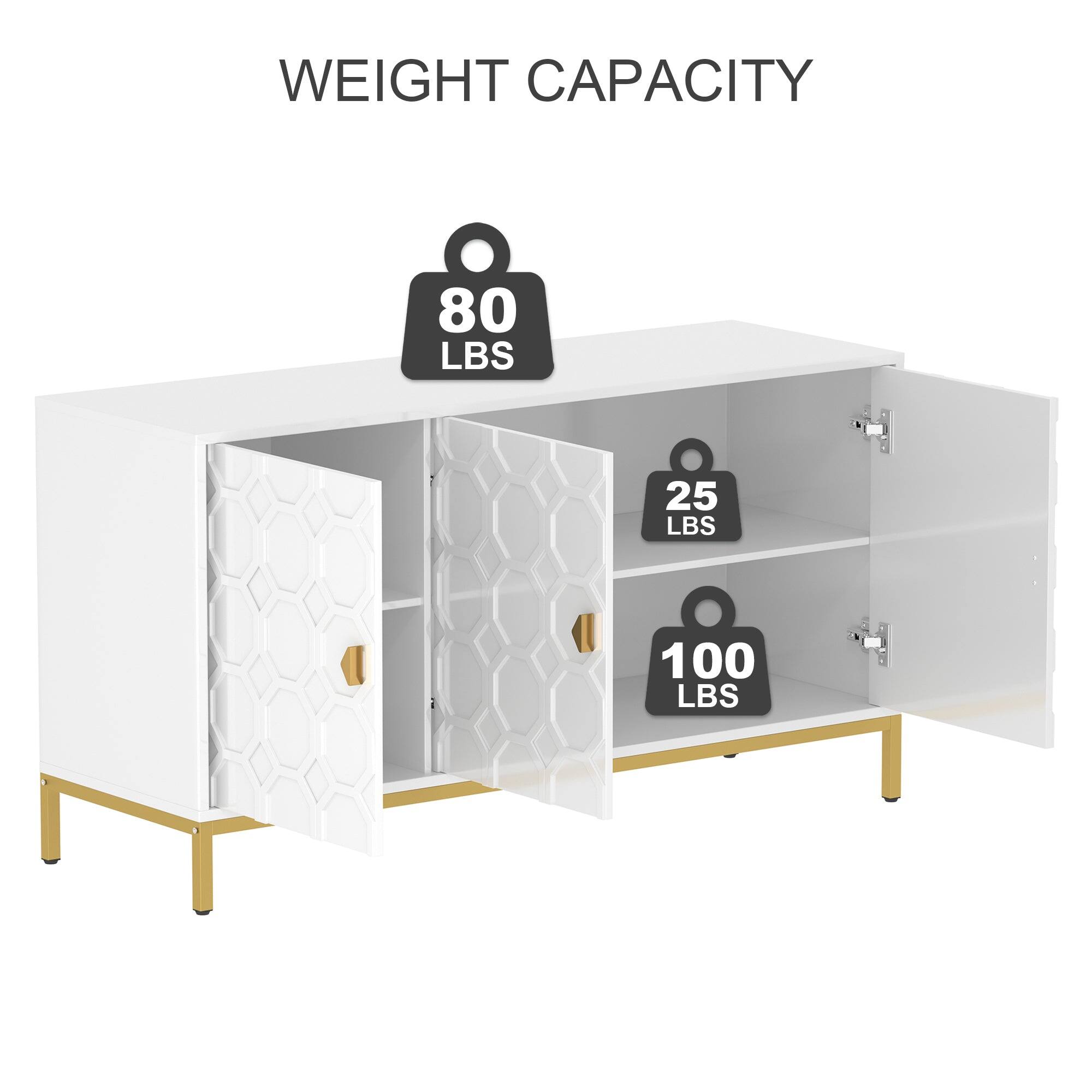 WEIGHT CAPACITY

- Top Shelf: 80 LBS
- Drawer: 25 LBS
- Bottom Shelf: 100 LBS
