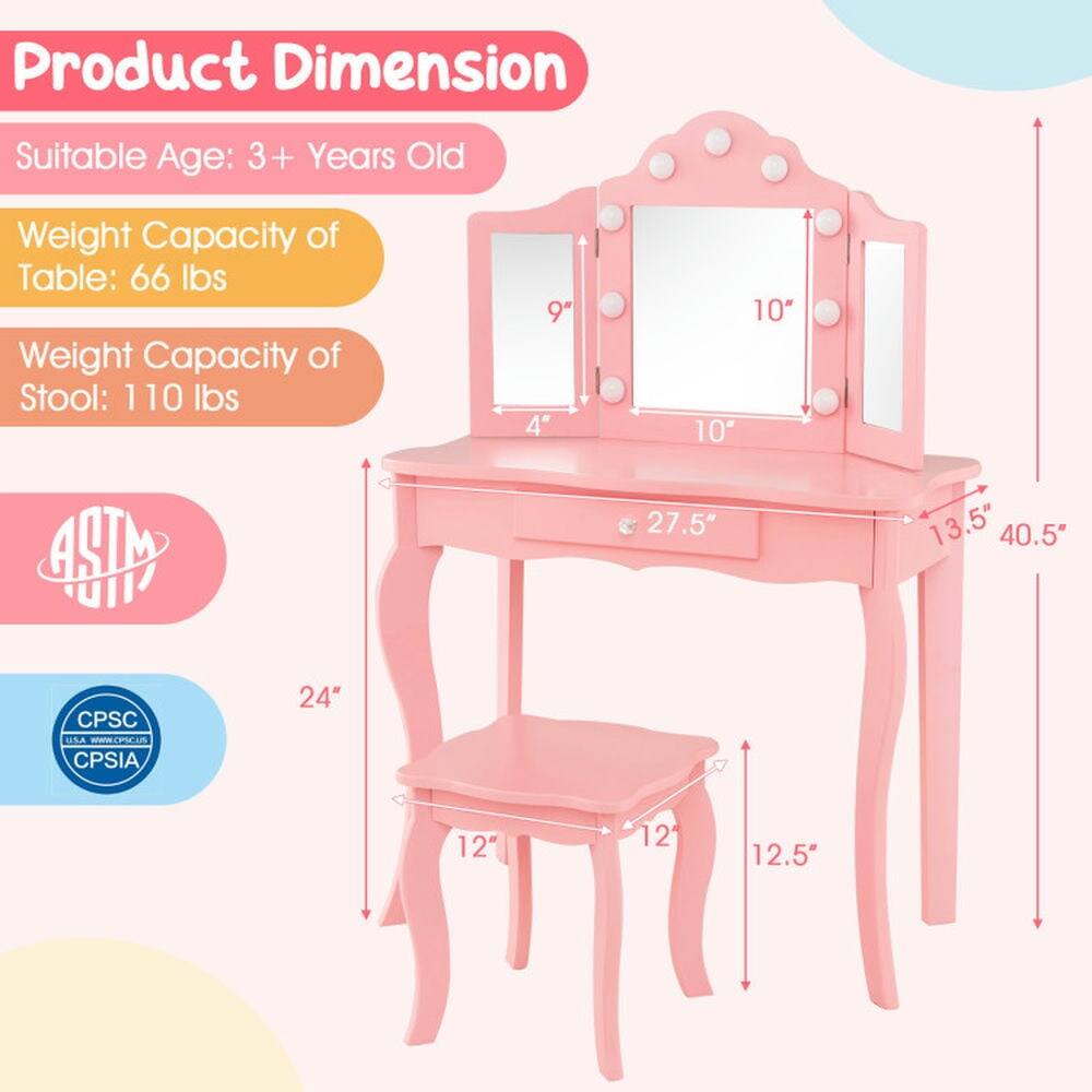 Product Dimension  
Suitable Age: 3+ Years Old  
Weight Capacity of Table: 66 lbs  
Weight Capacity of Stool: 110 lbs  

9"  
4"  
10"  
10"  
27.5"  
13.5"  
40.5"  
24"  
12"  
12"  
12.5"  

CPSC USA  
CPSIA