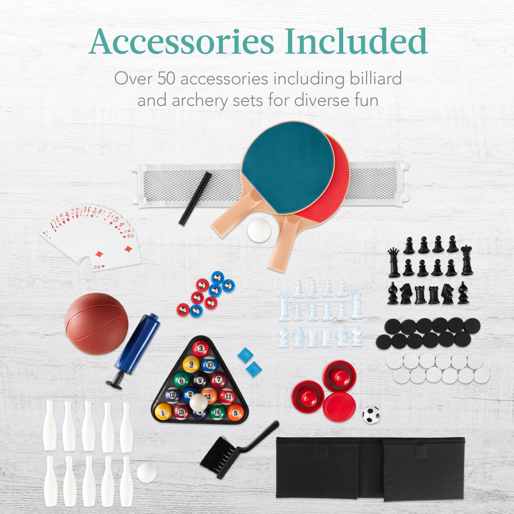 Accessories Included: Over 50 accessories including billiard and archery sets for diverse fun.