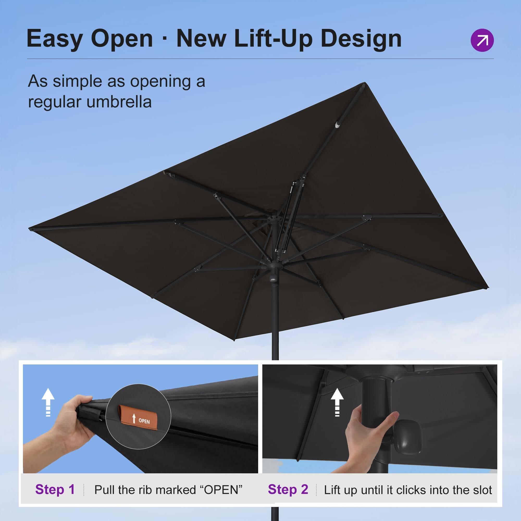 Easy Open • New Lift-Up Design

As simple as opening a regular umbrella

Step 1 | Pull the rib marked "OPEN"

Step 2 | Lift up until it clicks into the slot
