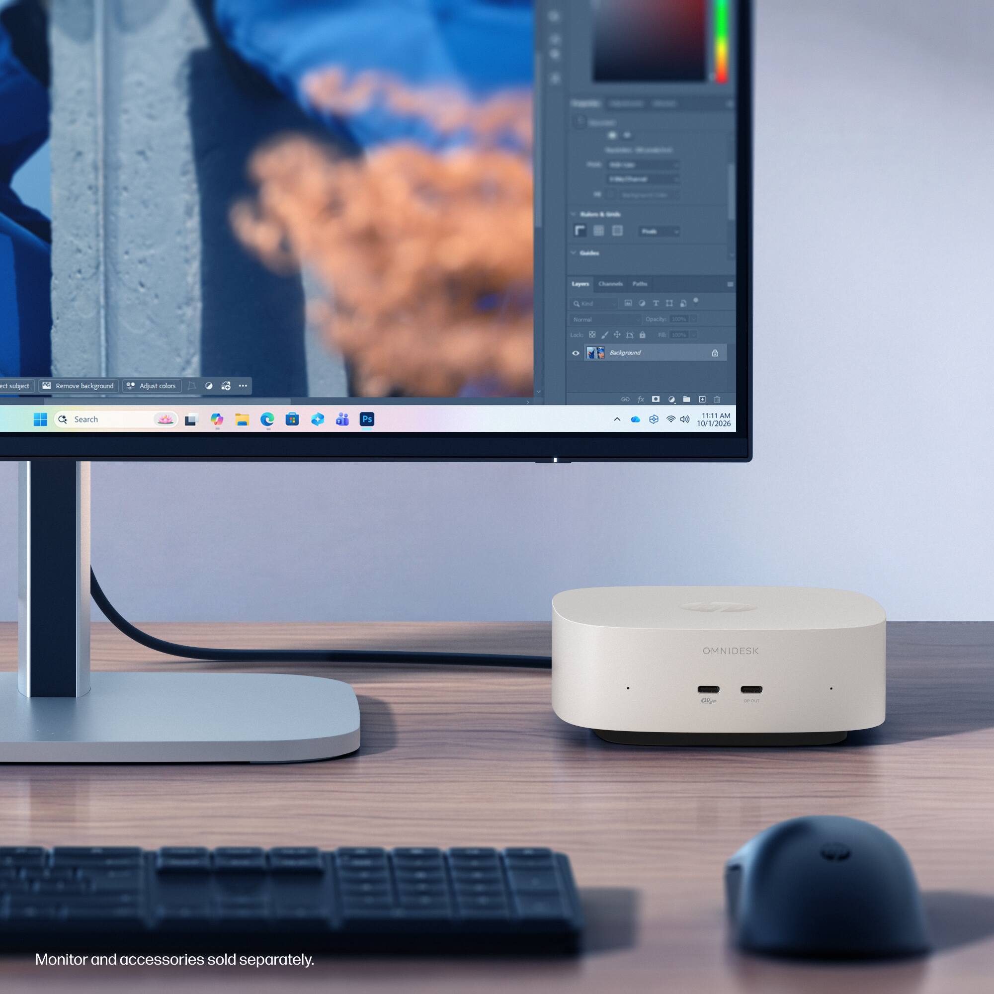 full
hok
Guiches
Layers Channels fulls

1
Tornal
Opacity: 10%
Lade
12 10%
Background
1 subject
Remove background
" Adjust colors
-
-
:
Search
Ps
^
11:11 AM 10/1/2026
OMNIDESK
-
Monitor and accessories sold separately.