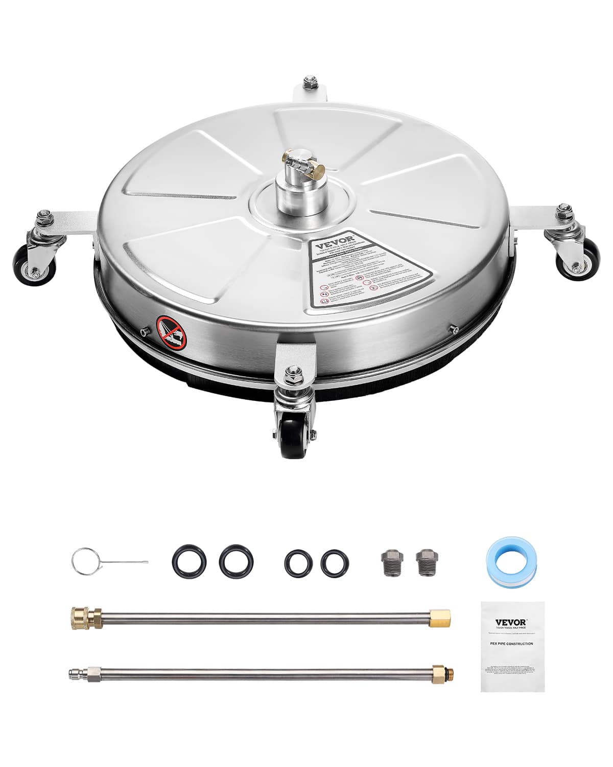 VEVOR - 18" Pressure Washer Surface Cleaner, Stainless Steel Pressure Washer Attachments with 4 Wheels, 4000 Max PSI - Silver